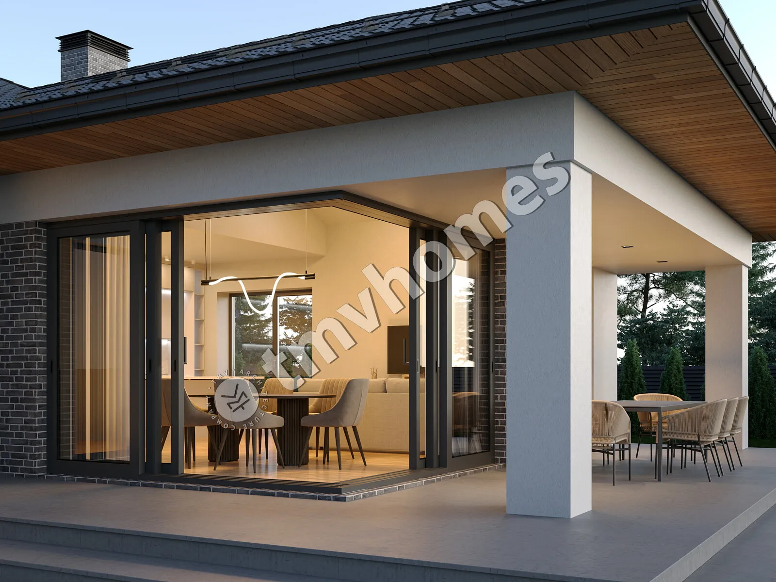 Proiect de casa parter 163 m²: 3 Dormitoare, 2 Bai, Bucatarie deschisa, Garaj