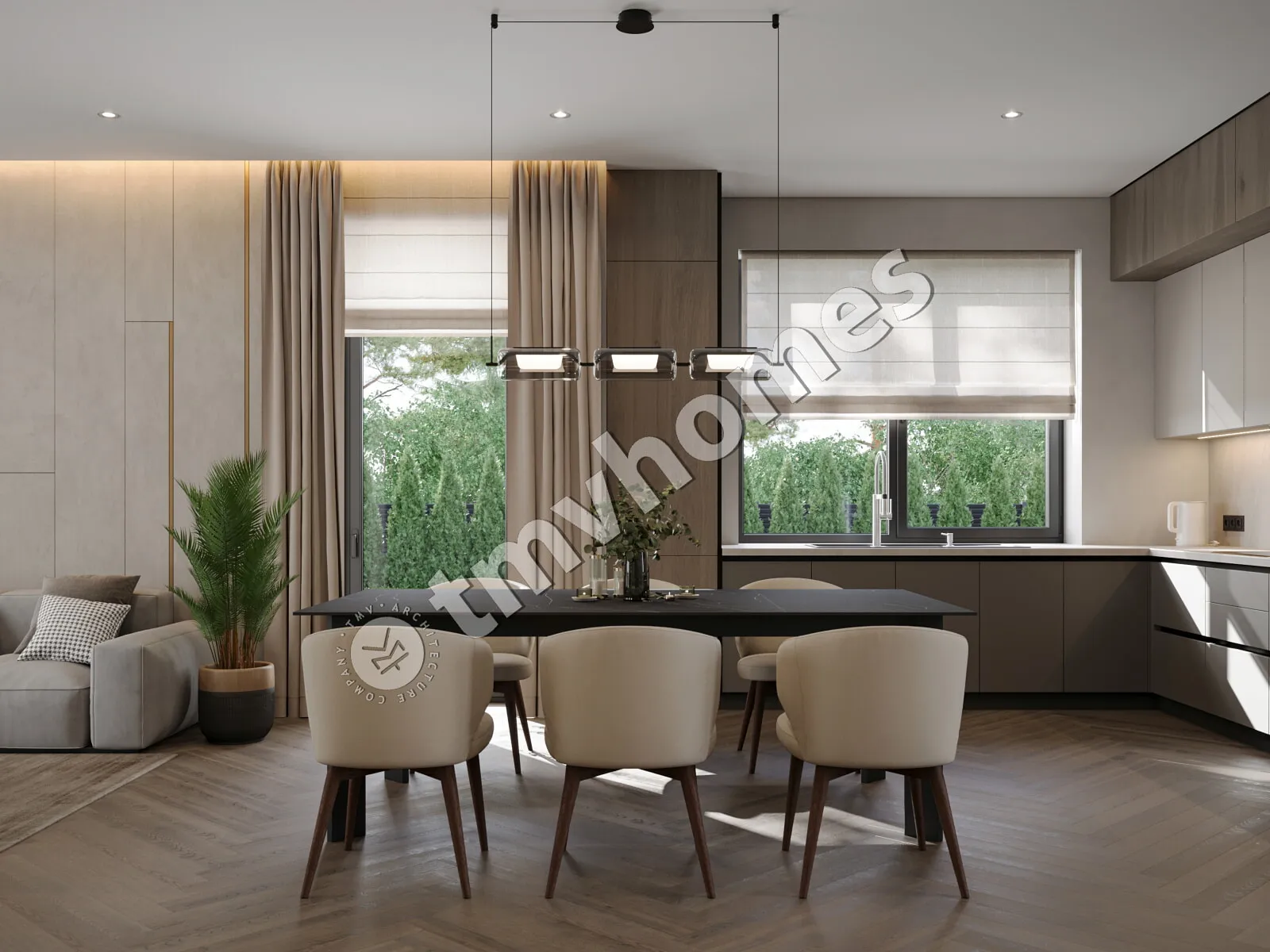 Proiect de casa parter 155 m²: 3 Dormitoare, 2 Bai, Bucatarie deschisa, fara Garaj