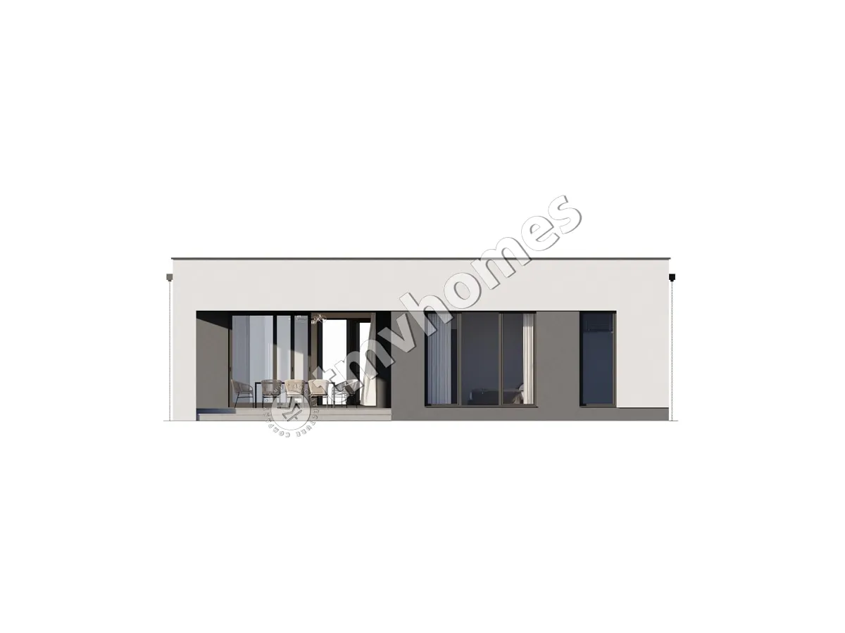 Proiect de casa parter 155 m²: 3 Dormitoare, 2 Bai, Bucatarie deschisa, fara Garaj