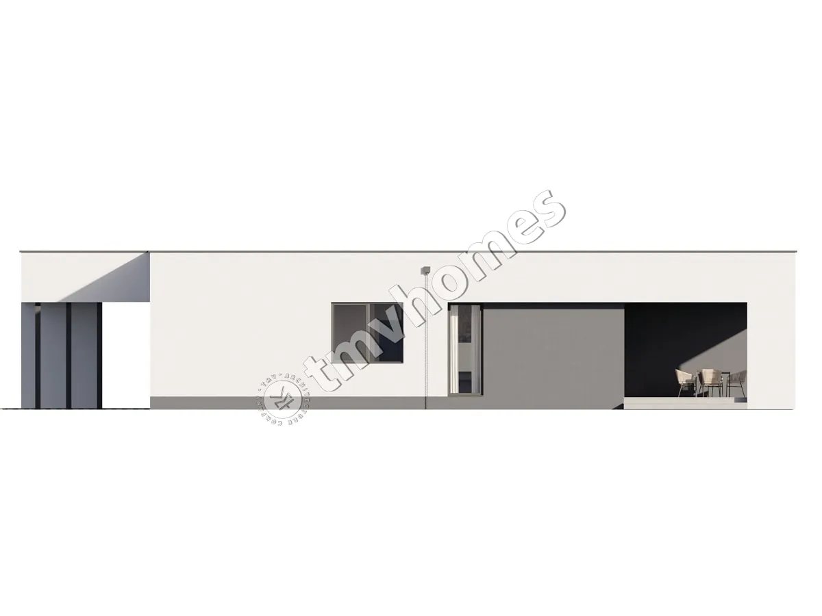 Proiect de casa parter 155 m²: 3 Dormitoare, 2 Bai, Bucatarie deschisa, fara Garaj