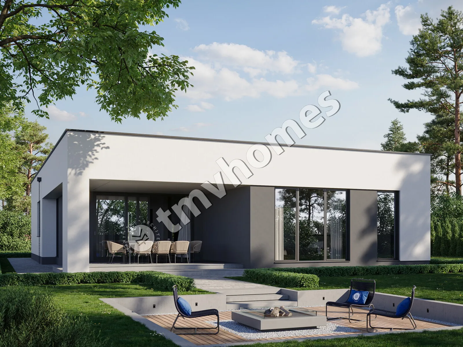 Proiect de casa parter 155 m²: 3 Dormitoare, 2 Bai, Bucatarie deschisa, fara Garaj