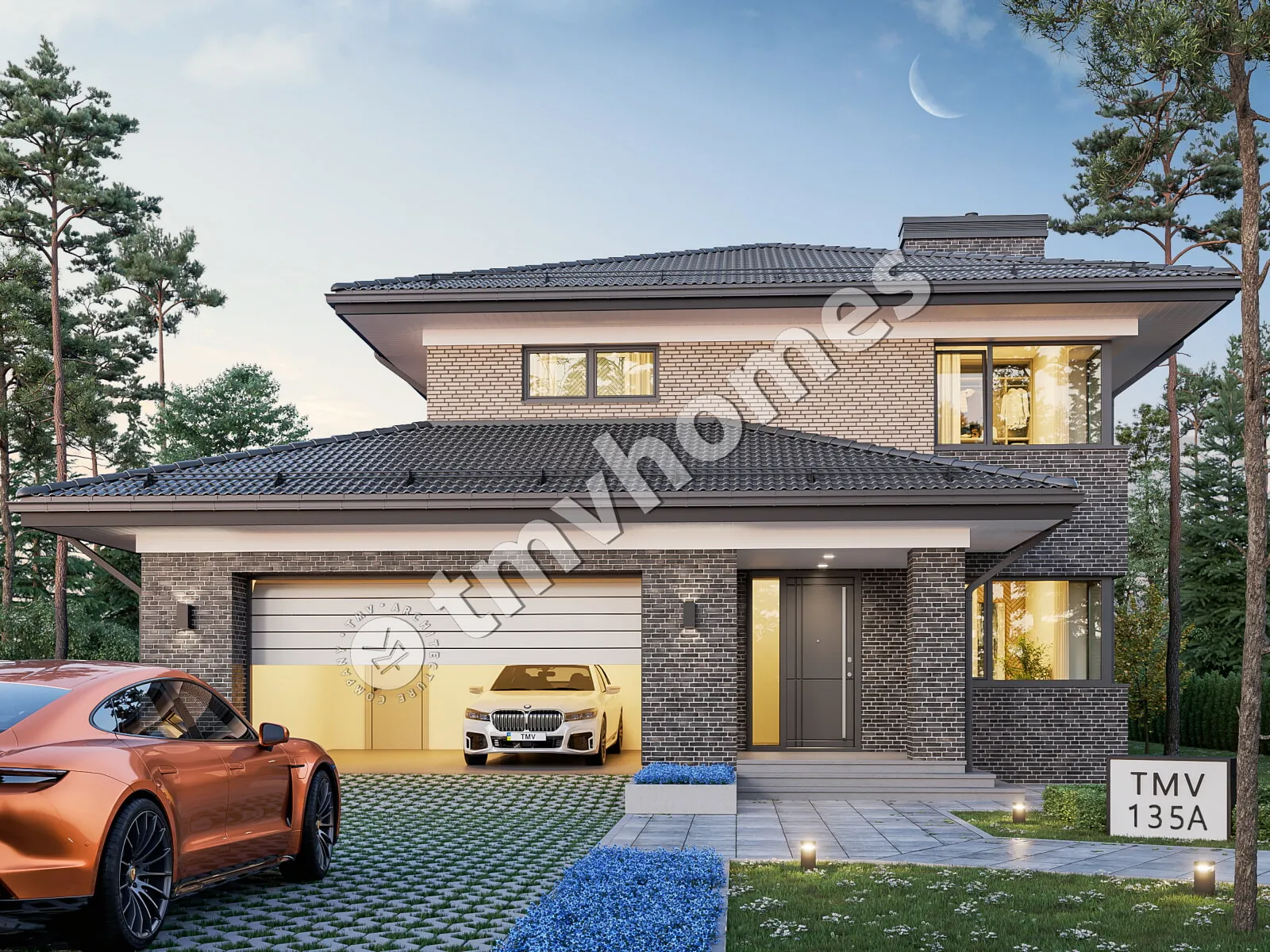 Proiect de casa cu etaj 237 m²: 3 Dormitoare, Birou, 2 Bai, Bucatarie deschisa, Garaj