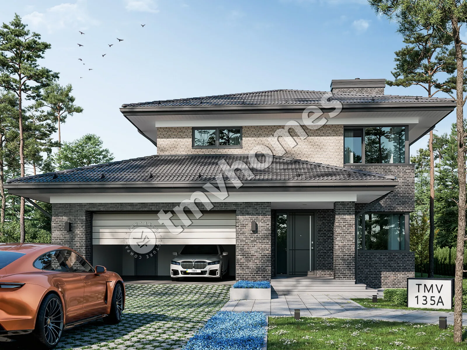Proiect de casa cu etaj 237 m²: 3 Dormitoare, Birou, 2 Bai, Bucatarie deschisa, Garaj
