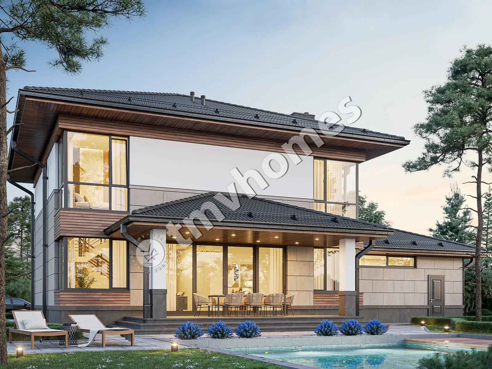 Proiect de casa cu etaj 292 m²: 3 Dormitoare, Birou, 3 Bai, Bucatarie deschisa, Garaj