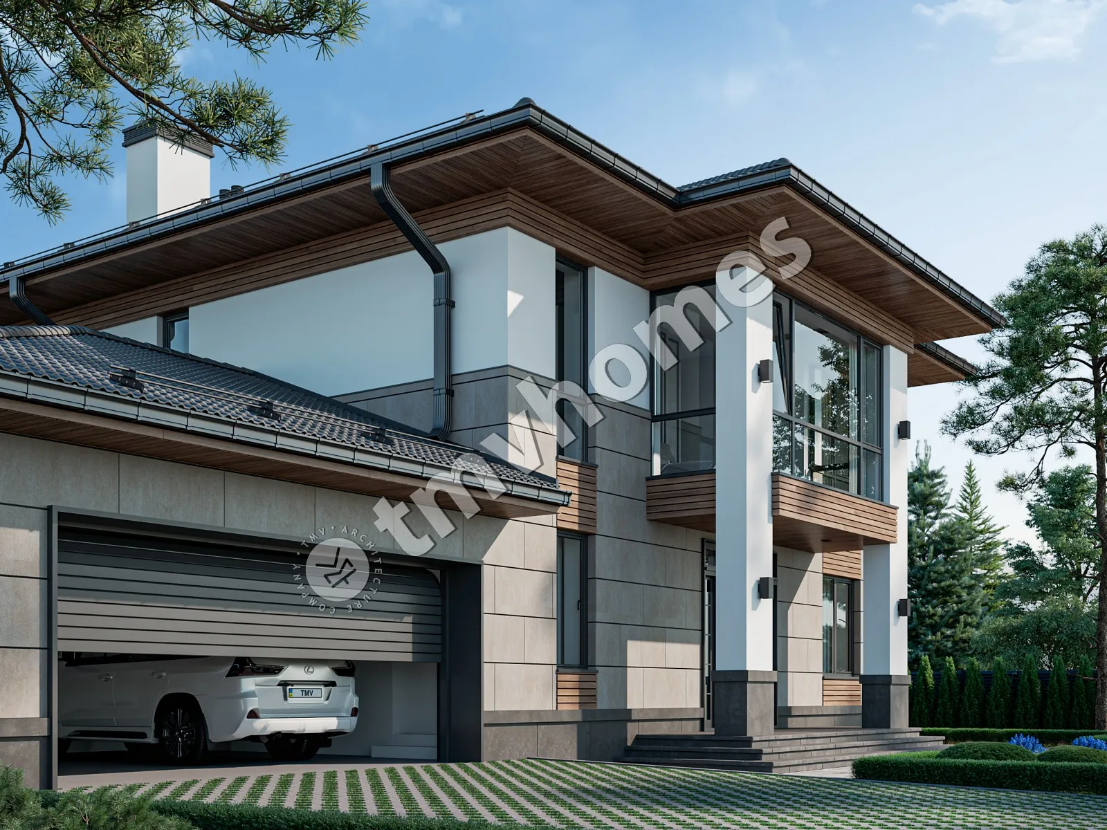 Proiect de casa cu etaj 292 m²: 3 Dormitoare, Birou, 3 Bai, Bucatarie deschisa, Garaj