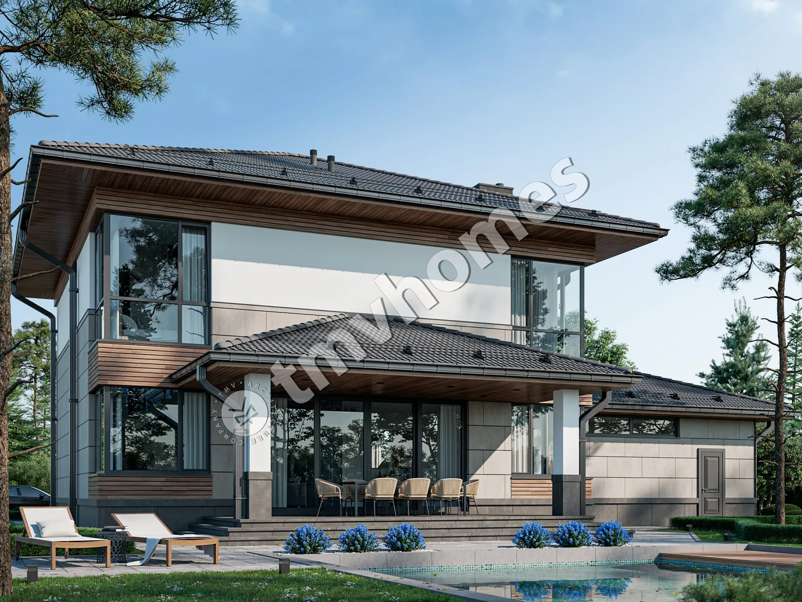 Proiect de casa cu etaj 292 m²: 3 Dormitoare, Birou, 3 Bai, Bucatarie deschisa, Garaj