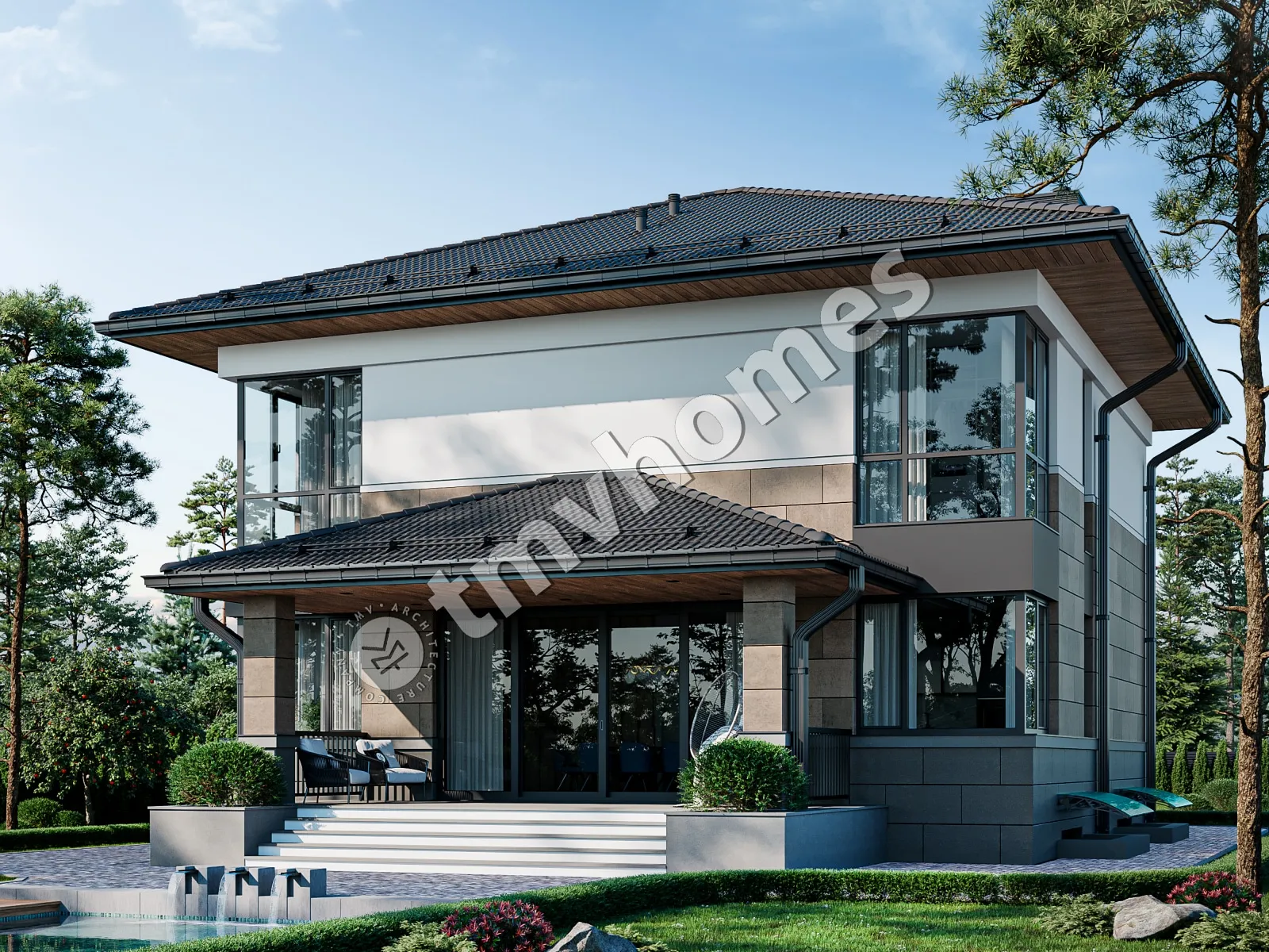 Proiect de casa cu etaj + demisol 341 m²: 3 Dormitoare, Birou, 3 Bai, Bucatarie deschisa, fara Garaj