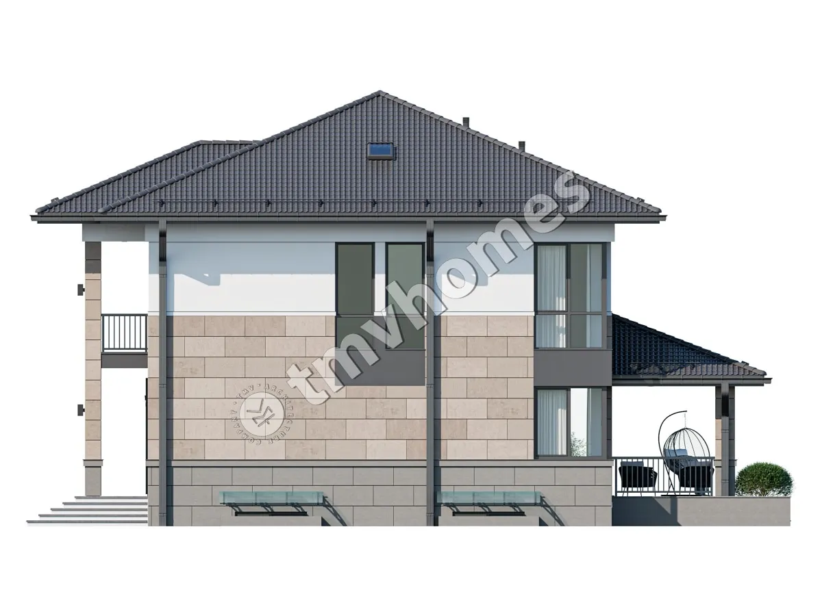 Proiect de casa cu etaj + demisol 341 m²: 3 Dormitoare, Birou, 3 Bai, Bucatarie deschisa, fara Garaj