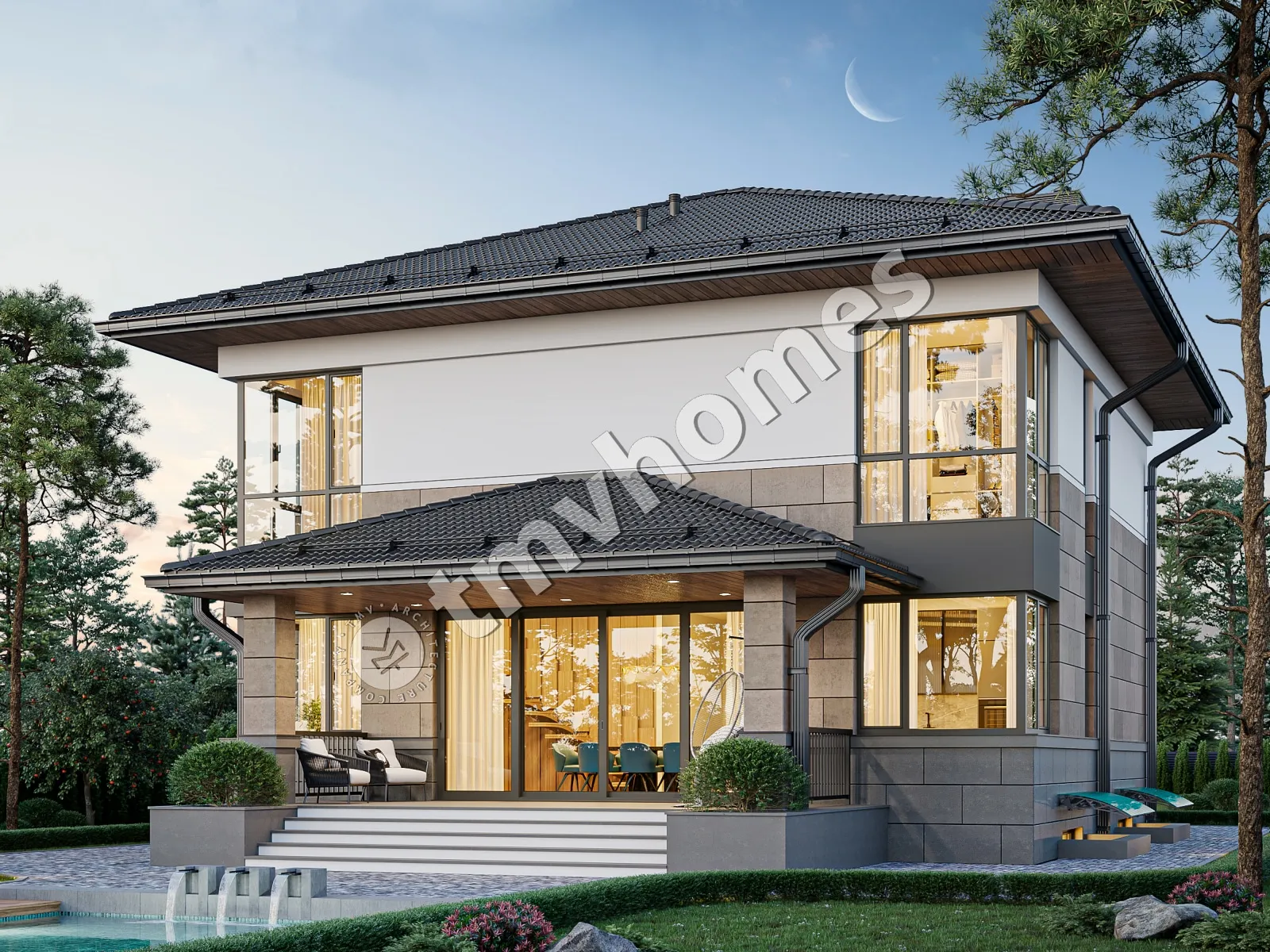 Proiect de casa cu etaj + demisol 341 m²: 3 Dormitoare, Birou, 3 Bai, Bucatarie deschisa, fara Garaj