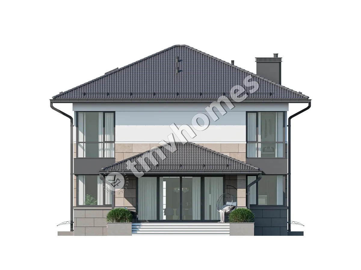 Proiect de casa cu etaj + demisol 341 m²: 3 Dormitoare, Birou, 3 Bai, Bucatarie deschisa, fara Garaj