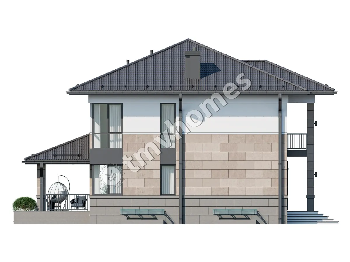 Proiect de casa cu etaj + demisol 341 m²: 3 Dormitoare, Birou, 3 Bai, Bucatarie deschisa, fara Garaj