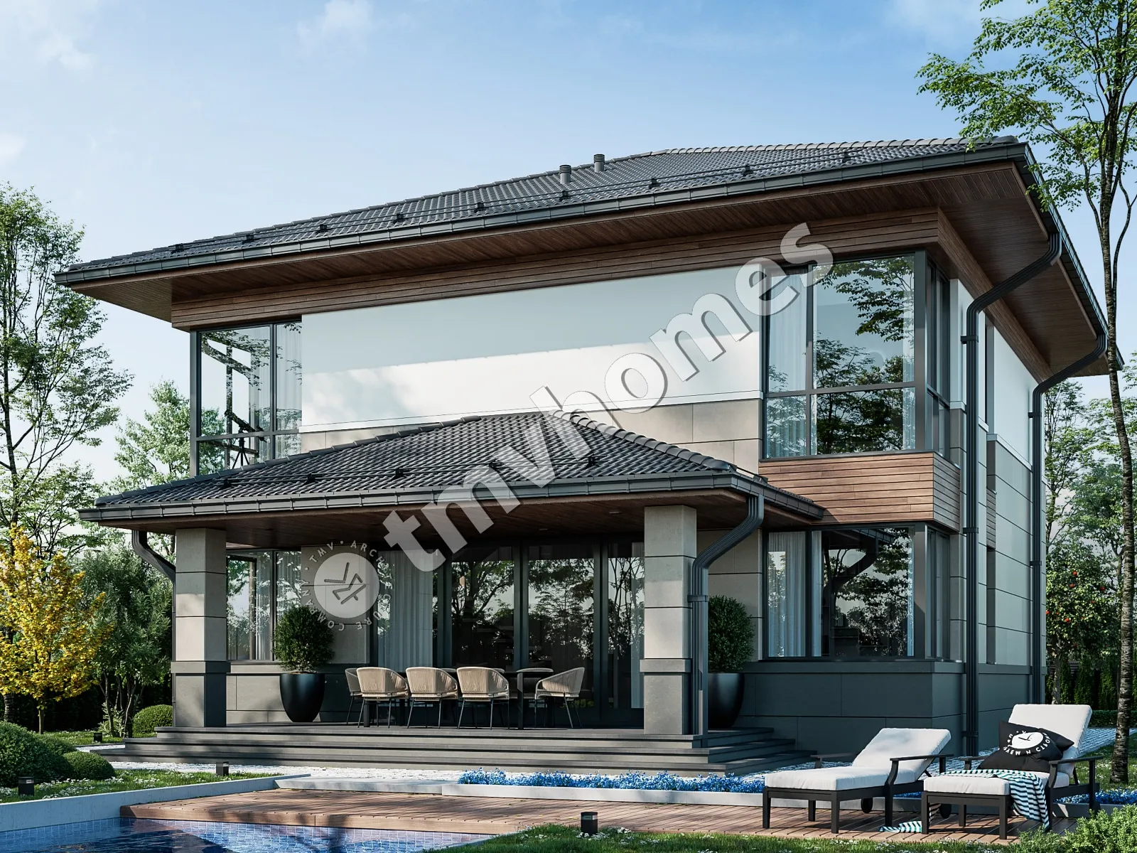 Proiect de casa cu etaj 231 m²: 3 Dormitoare, Birou, 3 Bai, Bucatarie deschisa, fara Garaj