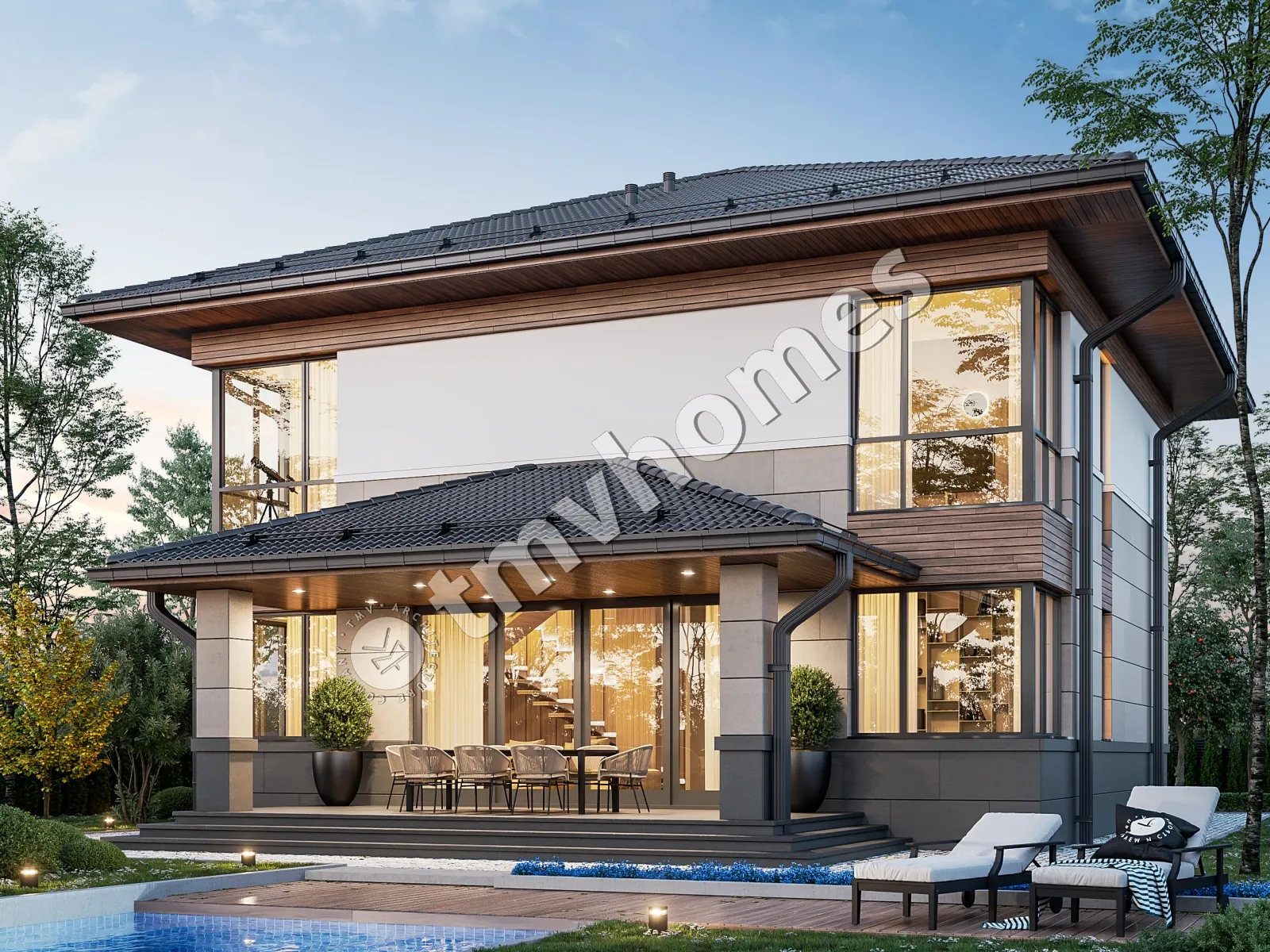 Proiect de casa cu etaj 231 m²: 3 Dormitoare, Birou, 3 Bai, Bucatarie deschisa, fara Garaj