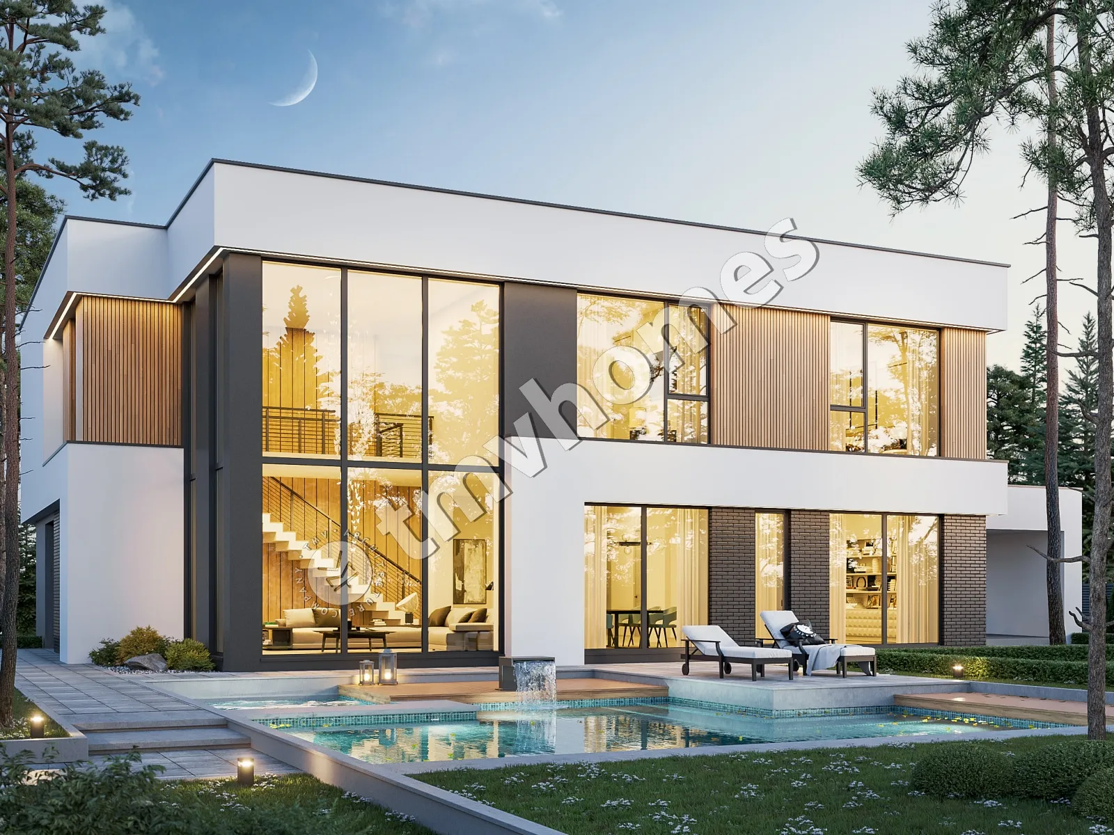 Proiect de casa cu etaj 363 m²: 5 Dormitoare, 4 Bai, Bucatarie deschisa, fara Garaj