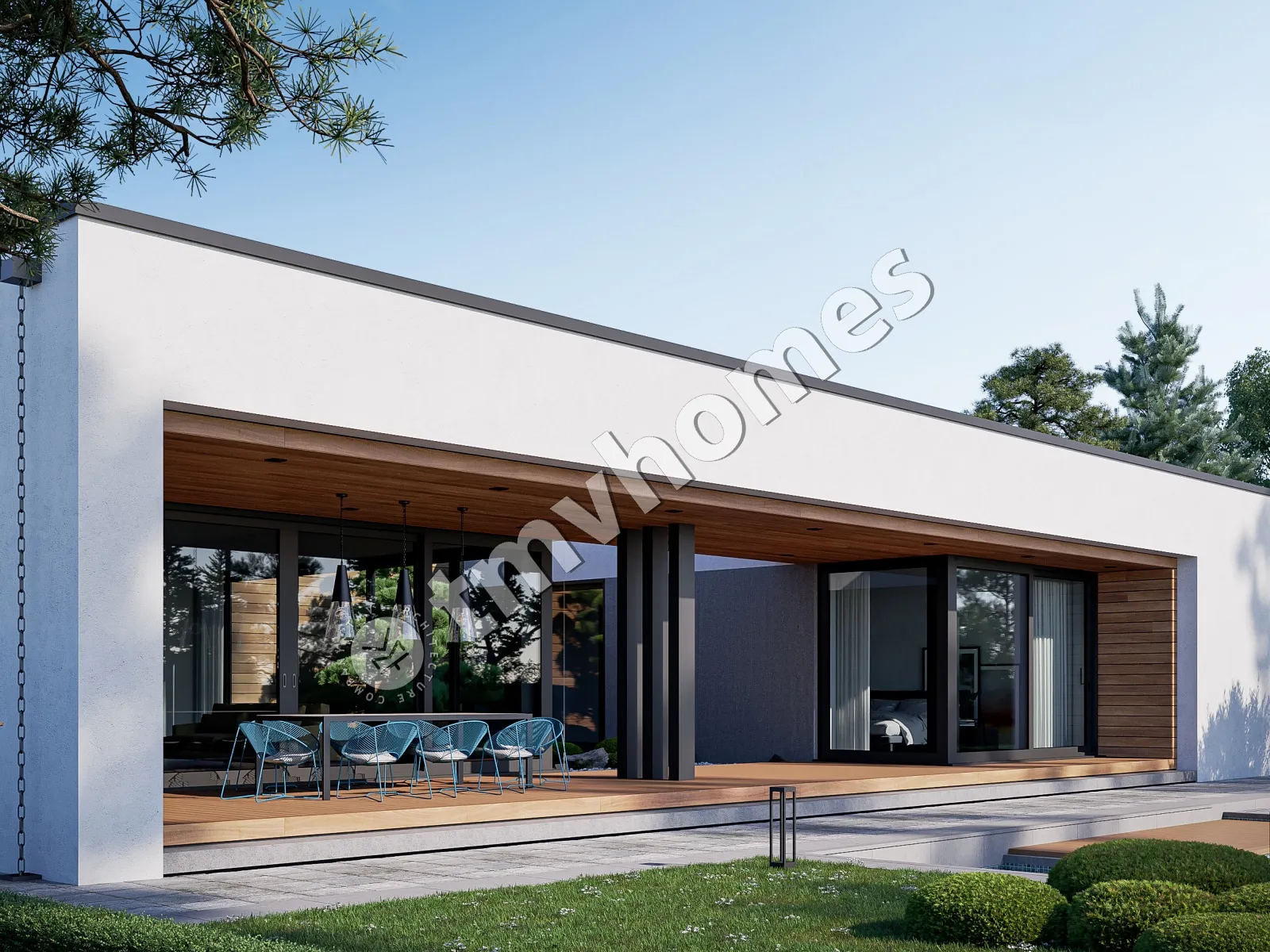 Proiect de casa parter 243 m²: 4 Dormitoare, 5 Bai, Bucatarie deschisa, fara Garaj