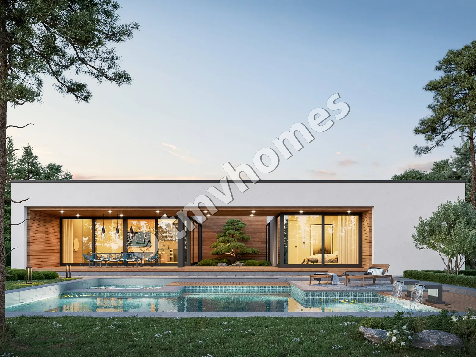 Proiect de casa parter 243 m²: 4 Dormitoare, 5 Bai, Bucatarie deschisa, fara Garaj