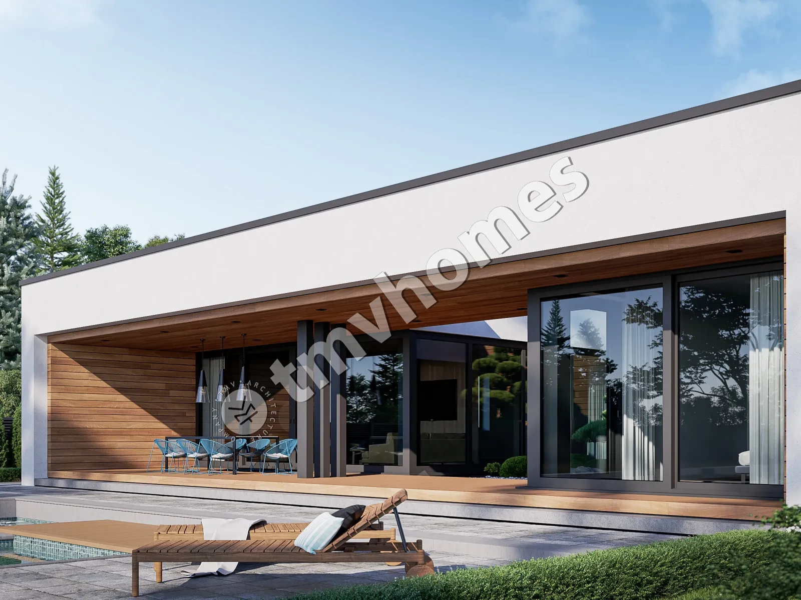 Proiect de casa parter 243 m²: 4 Dormitoare, 5 Bai, Bucatarie deschisa, fara Garaj
