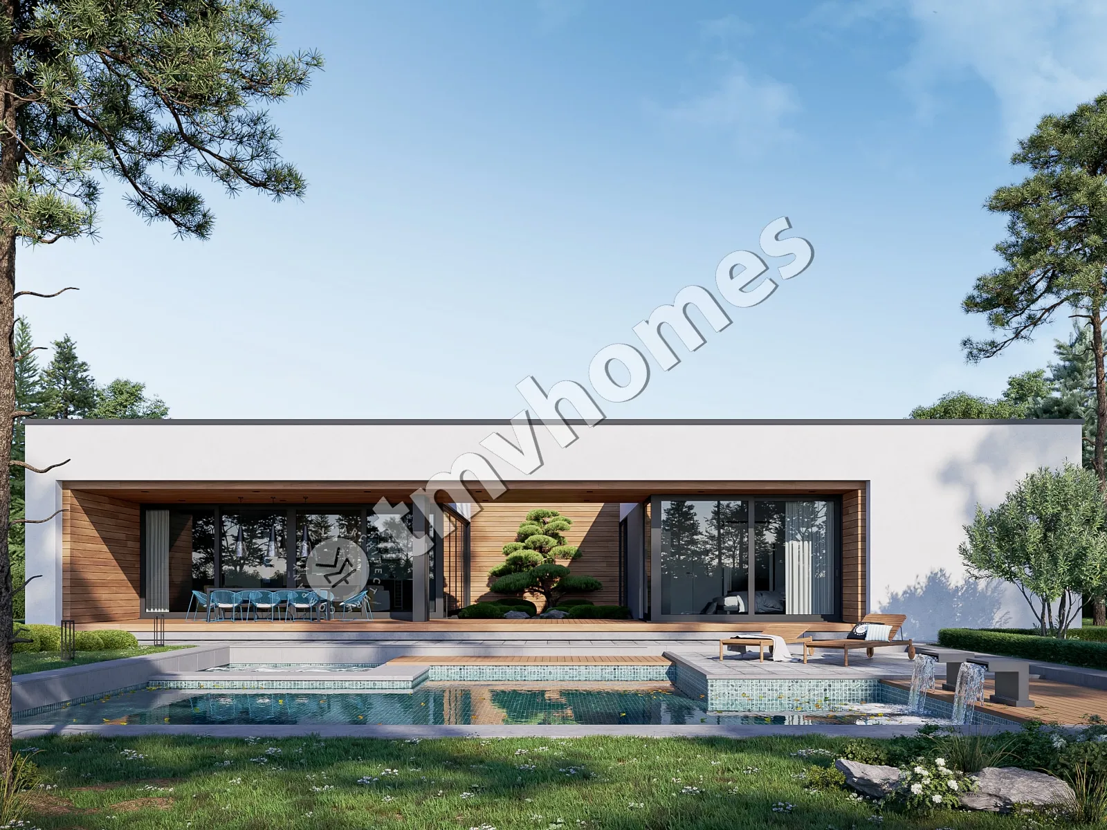 Proiect de casa parter 243 m²: 4 Dormitoare, 5 Bai, Bucatarie deschisa, fara Garaj