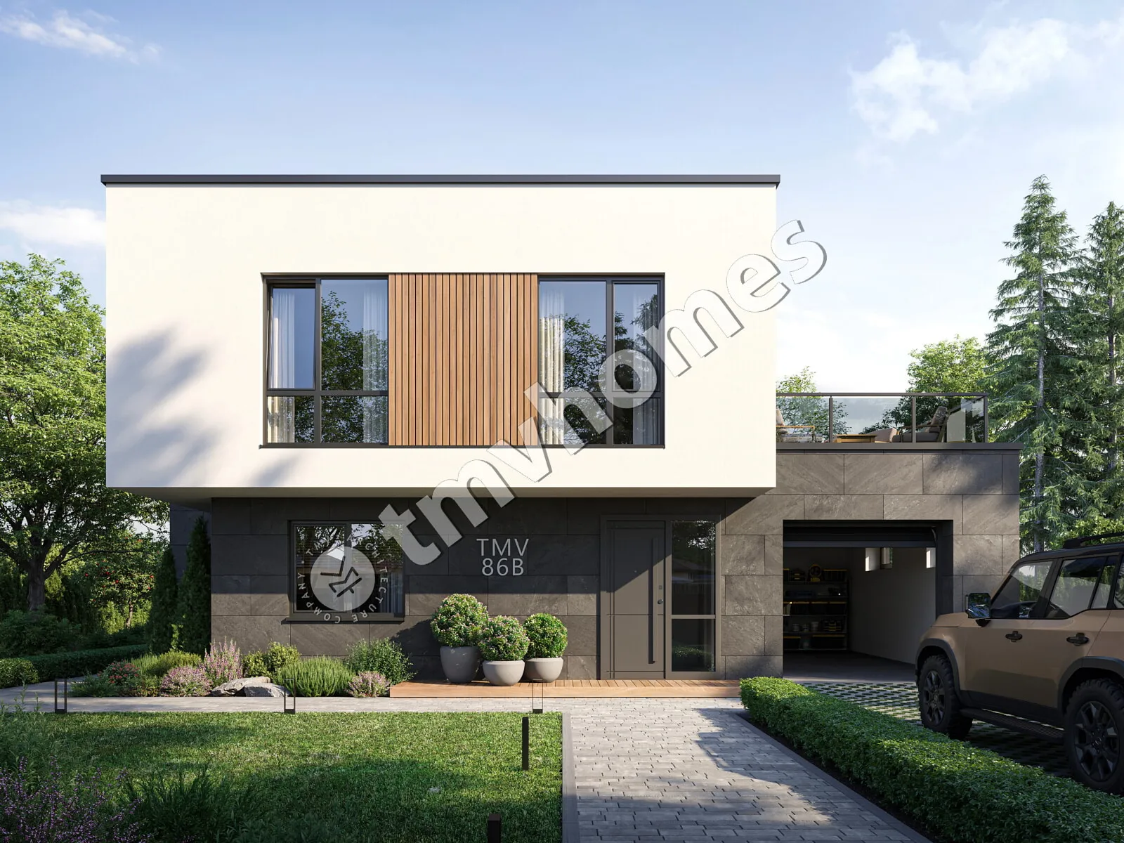 Proiect de casa cu etaj 206 m²: 3 Dormitoare, 3 Bai, Bucatarie deschisa, Garaj