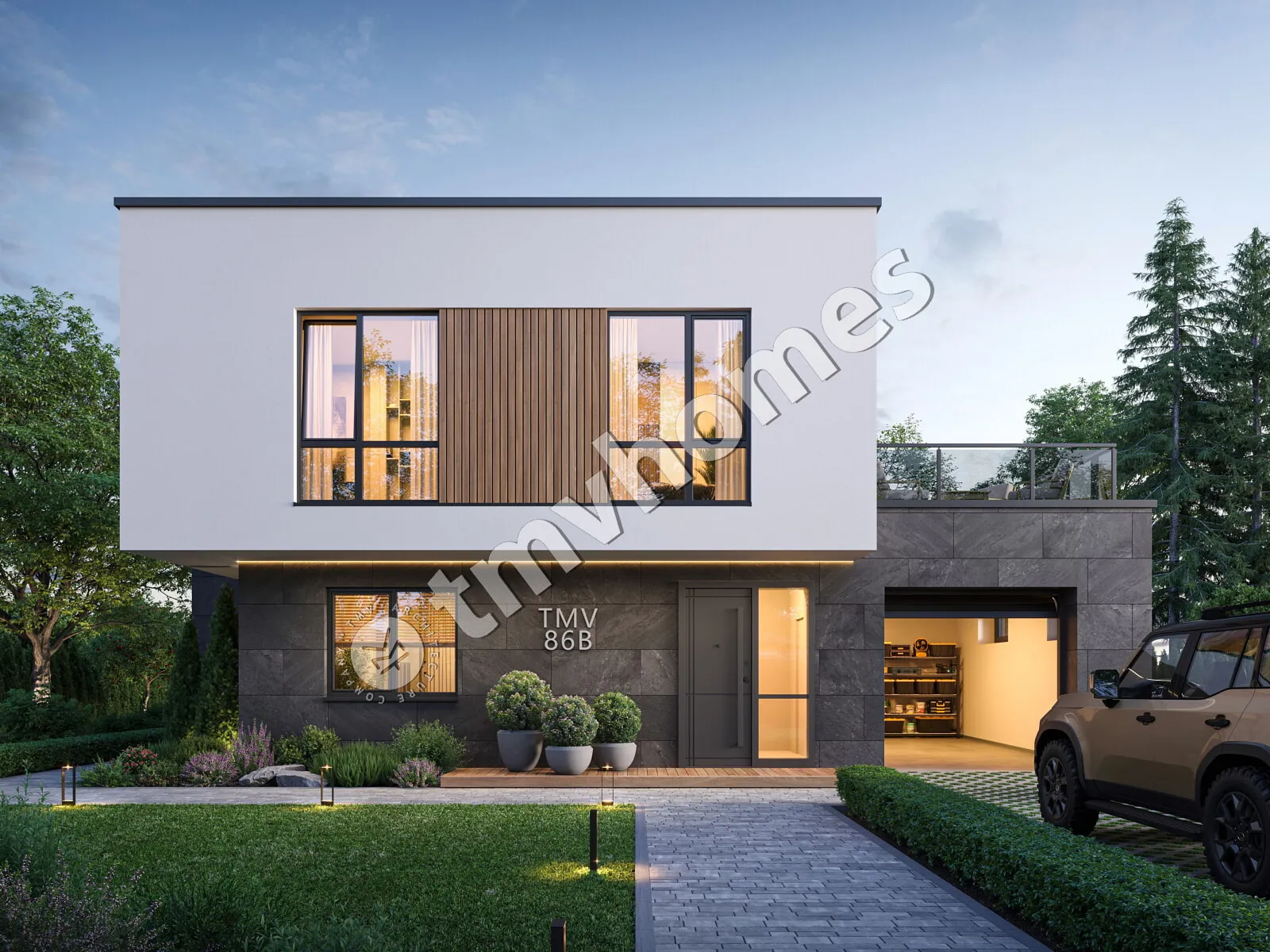 Proiect de casa cu etaj 206 m²: 3 Dormitoare, 3 Bai, Bucatarie deschisa, Garaj