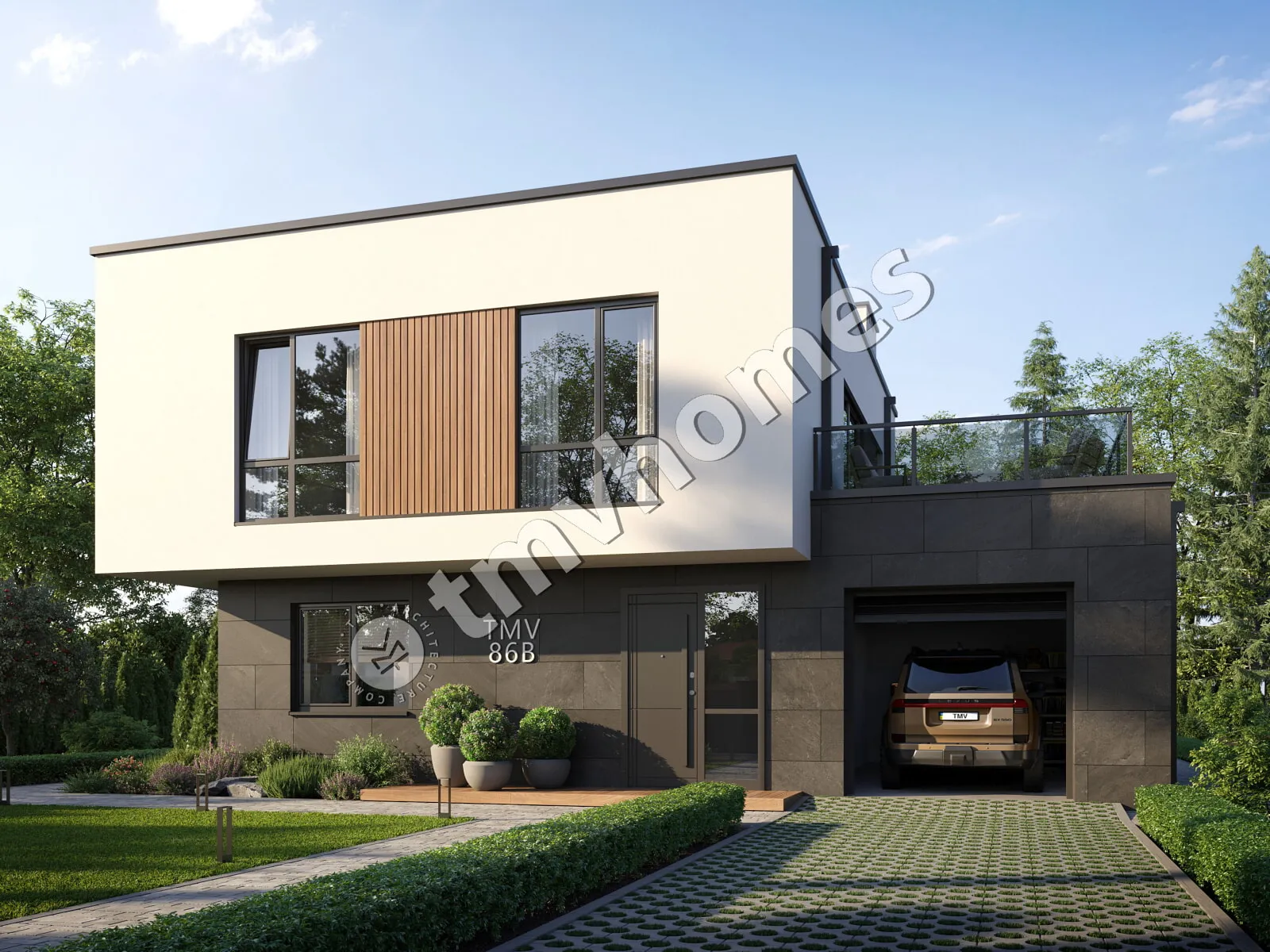 Proiect de casa cu etaj 206 m²: 3 Dormitoare, 3 Bai, Bucatarie deschisa, Garaj