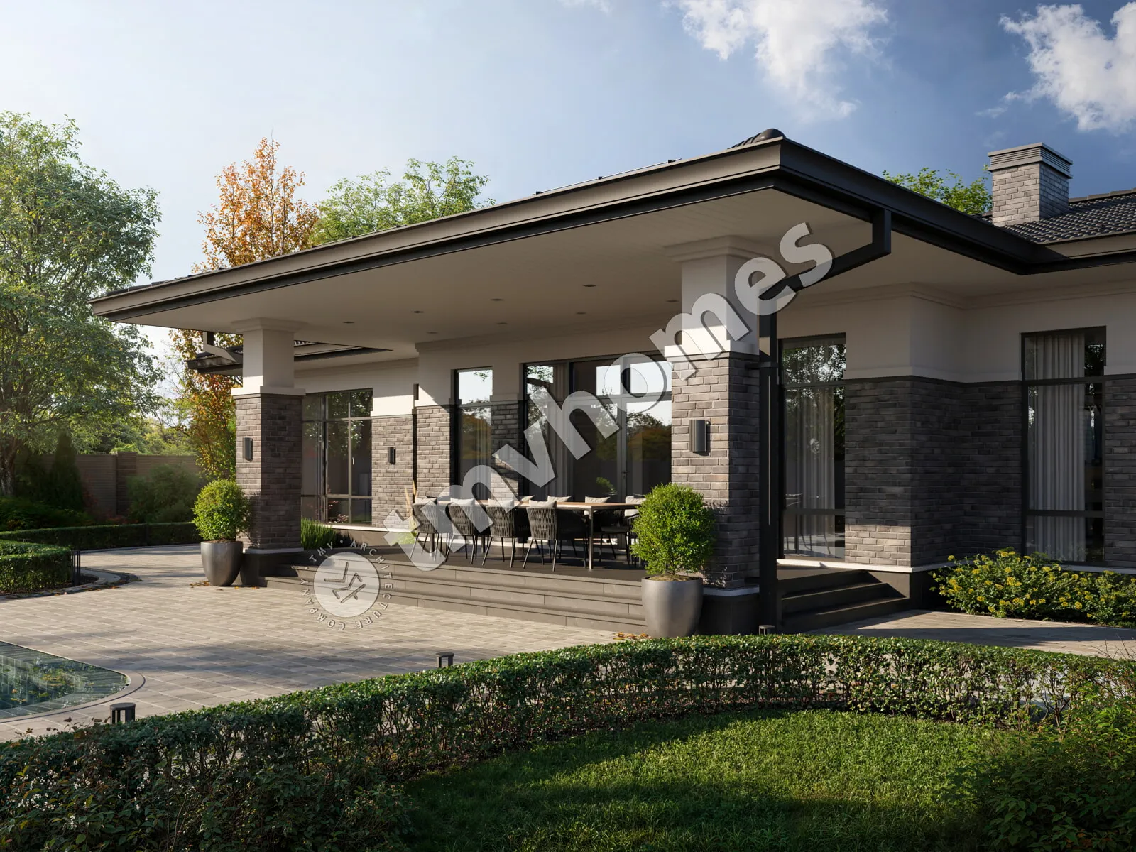 Proiect de casa parter 212 m²: 3 Dormitoare, Birou, 3 Bai, Bucatarie deschisa, fara Garaj