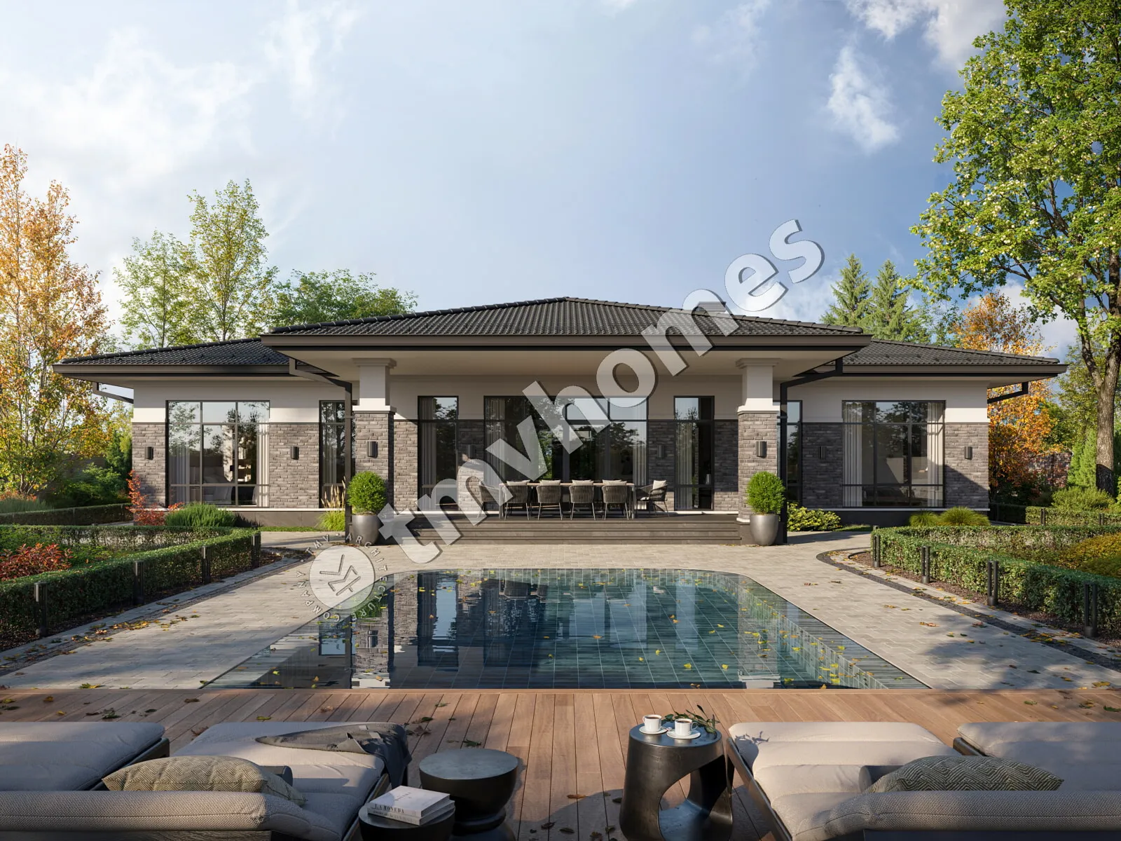 Proiect de casa parter 212 m²: 3 Dormitoare, Birou, 3 Bai, Bucatarie deschisa, fara Garaj