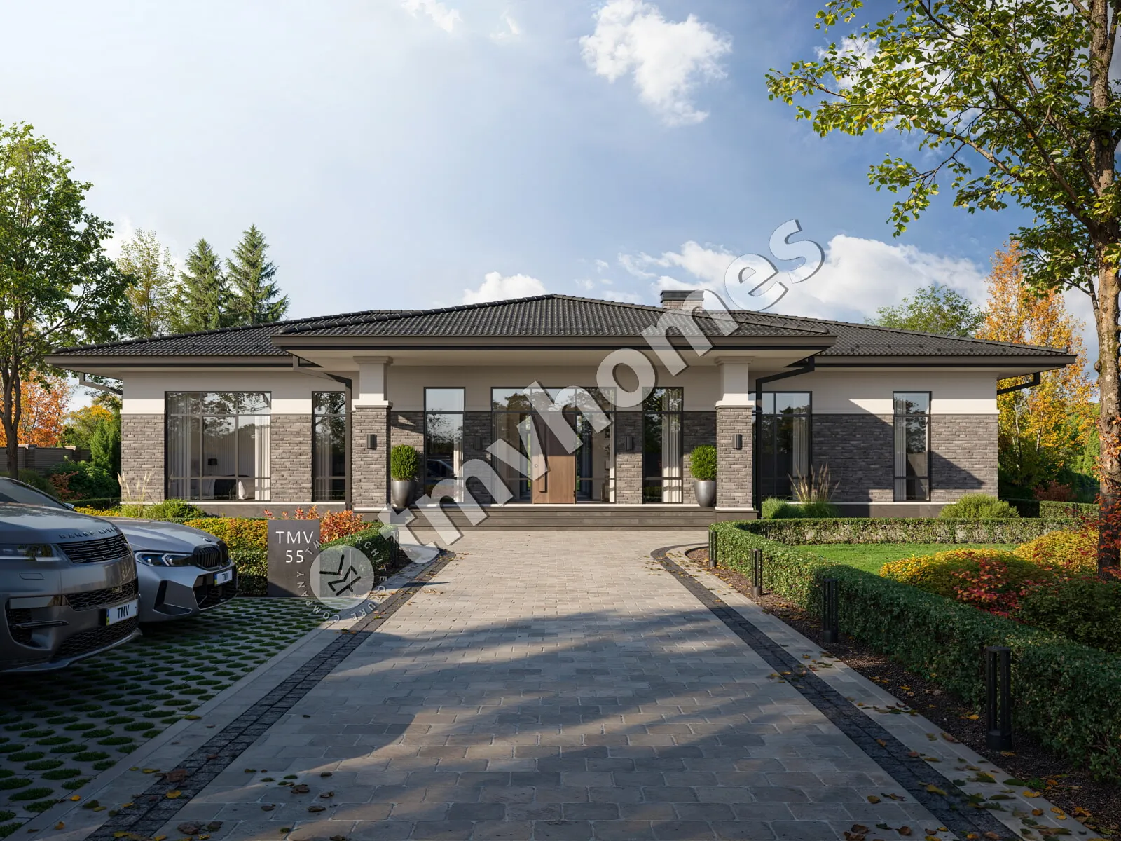 Proiect de casa parter 212 m²: 3 Dormitoare, Birou, 3 Bai, Bucatarie deschisa, fara Garaj