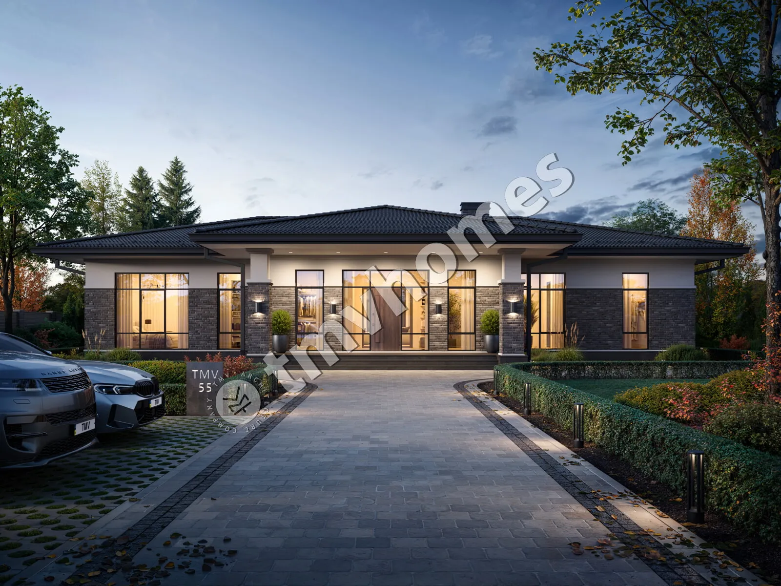 Proiect de casa parter 212 m²: 3 Dormitoare, Birou, 3 Bai, Bucatarie deschisa, fara Garaj