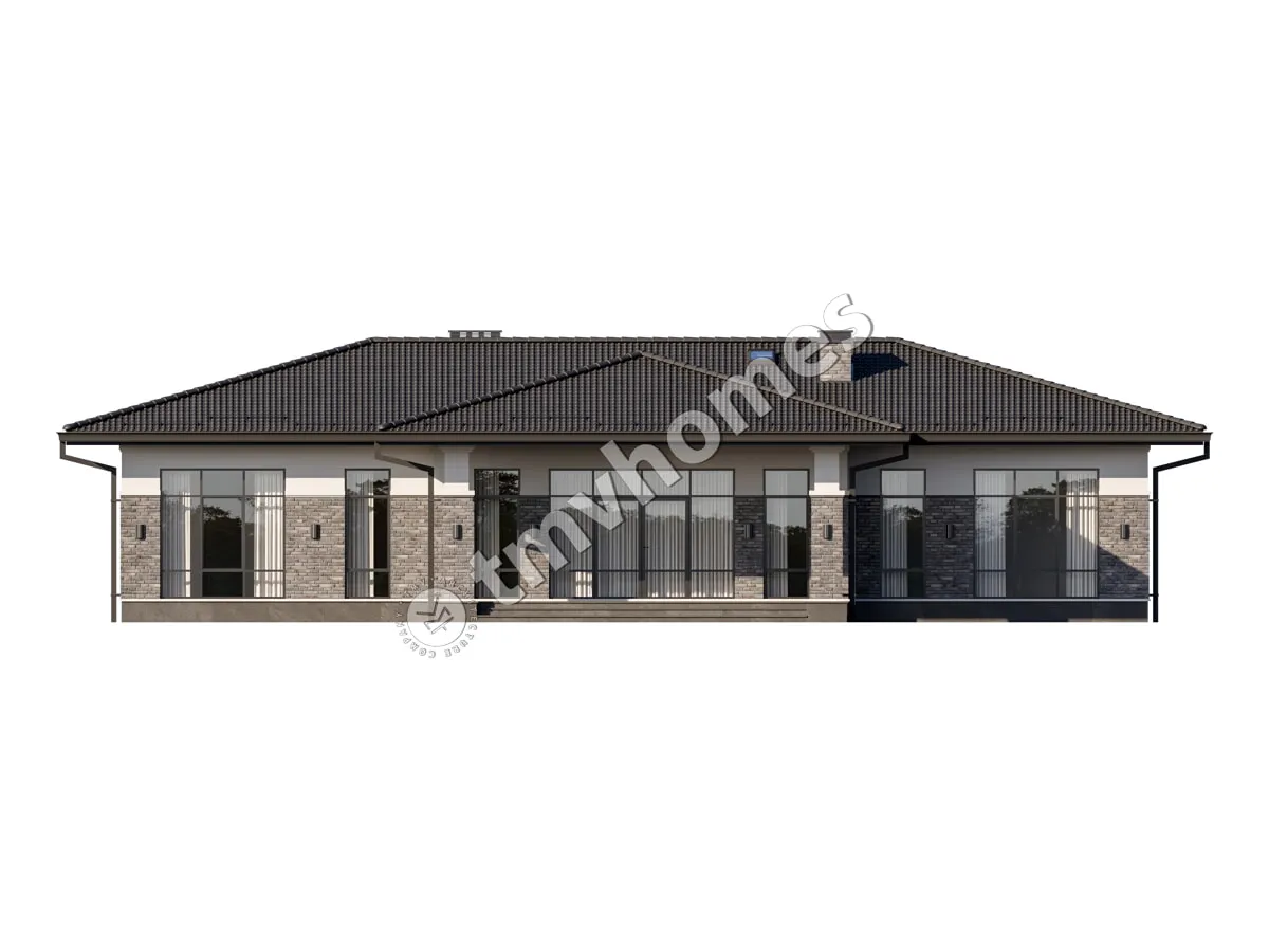 Proiect de casa parter 212 m²: 3 Dormitoare, Birou, 3 Bai, Bucatarie deschisa, fara Garaj
