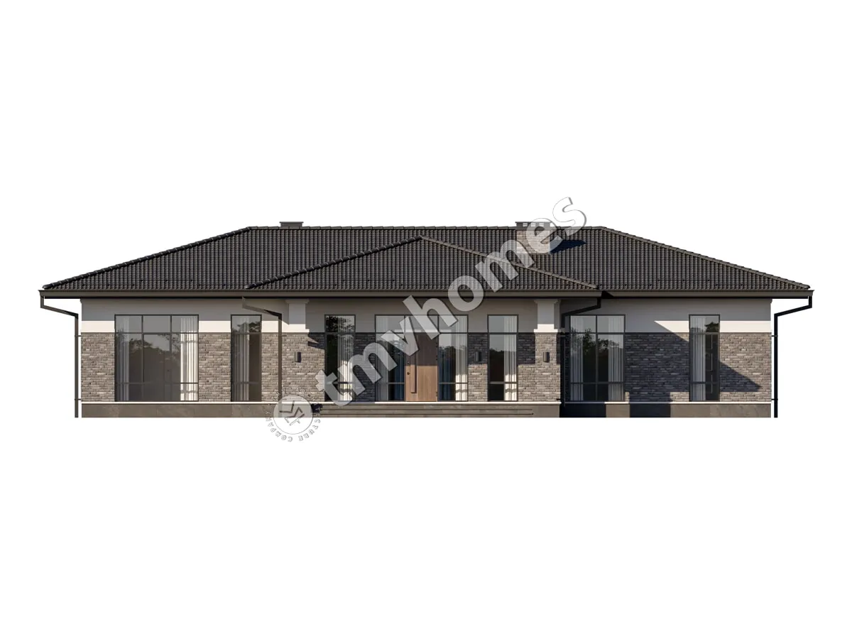 Proiect de casa parter 212 m²: 3 Dormitoare, Birou, 3 Bai, Bucatarie deschisa, fara Garaj