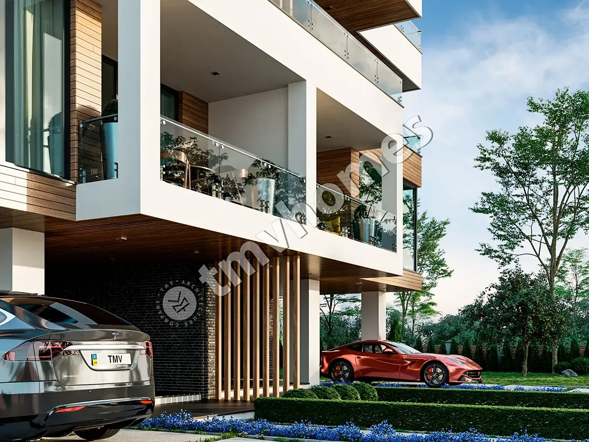 Proiect de casă duplex modernă cu 3 etaje, de 126 m² mp, cu ferestre mari și terasă pe acoperiș