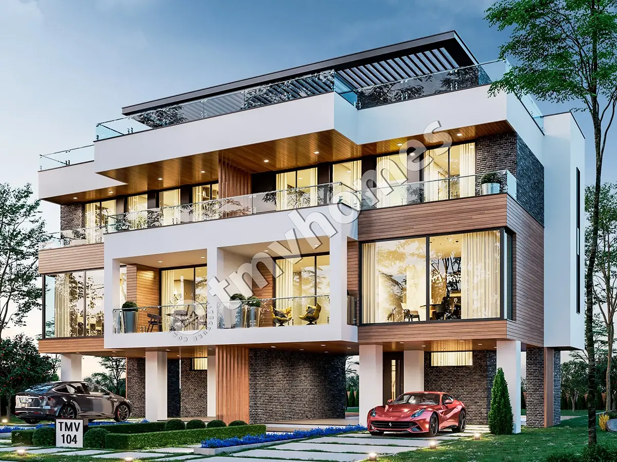 Proiect de casă duplex modernă cu 3 etaje, de 126 m² mp, cu ferestre mari și terasă pe acoperiș