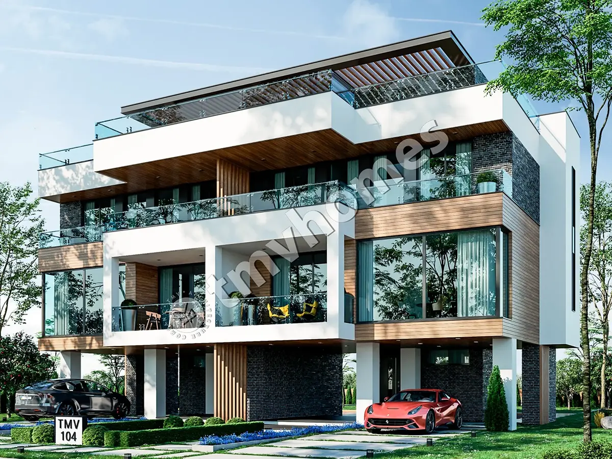Proiect de casă duplex modernă cu 3 etaje, de 126 m² mp, cu ferestre mari și terasă pe acoperiș