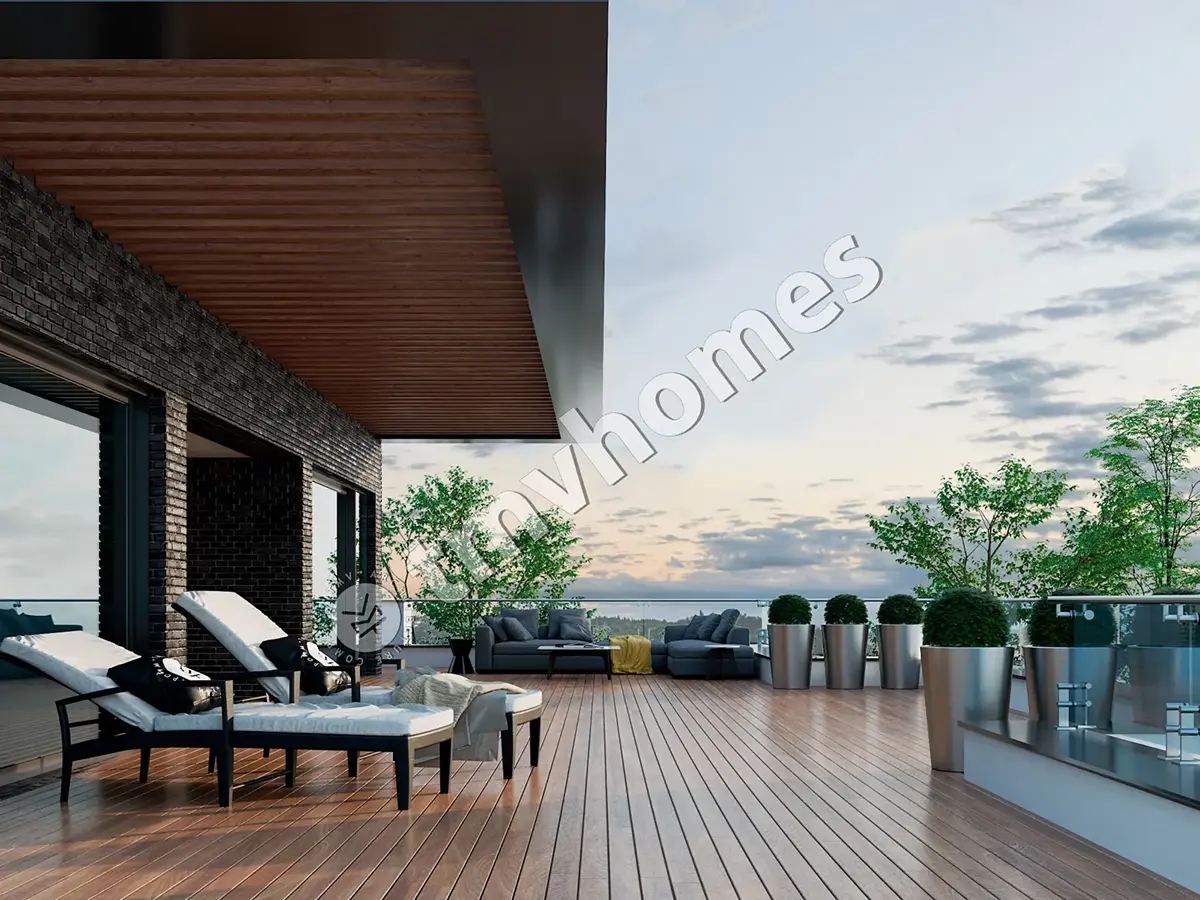 Proiect de casă duplex modernă cu 3 etaje, de 126 m² mp, cu ferestre mari și terasă pe acoperiș
