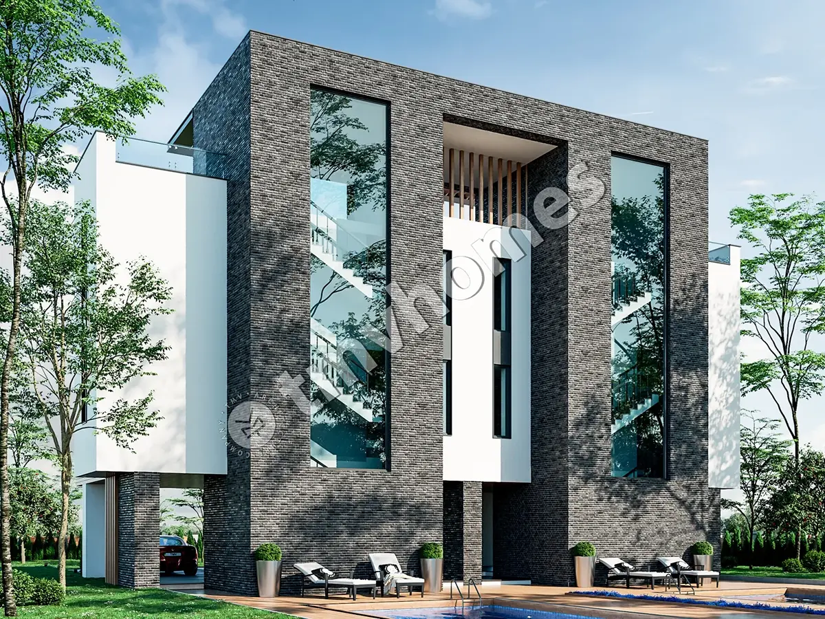 Proiect de casă duplex modernă cu 3 etaje, de 126 m² mp, cu ferestre mari și terasă pe acoperiș
