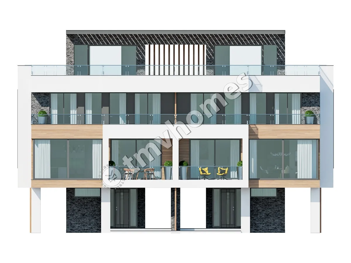 Proiect de casă duplex modernă cu 3 etaje, de 126 m² mp, cu ferestre mari și terasă pe acoperiș