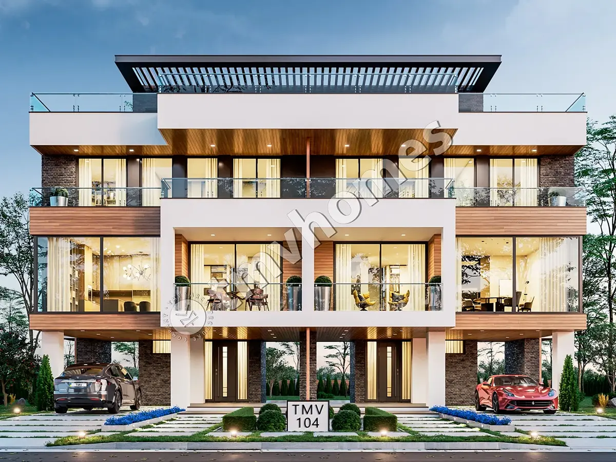 Proiect de casă duplex modernă cu 3 etaje, de 126 m² mp, cu ferestre mari și terasă pe acoperiș