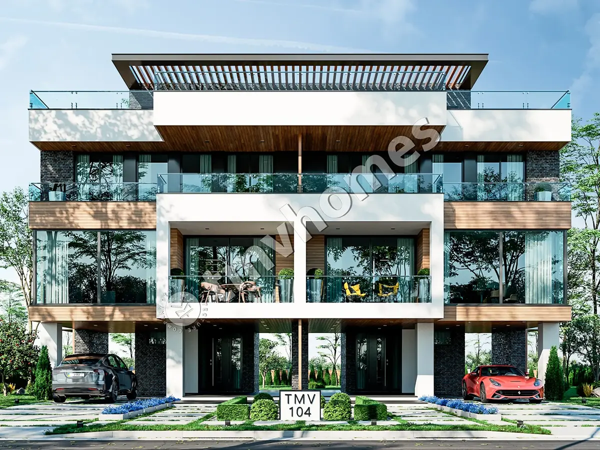 Proiect de casă duplex modernă cu 3 etaje, de 126 m² mp, cu ferestre mari și terasă pe acoperiș