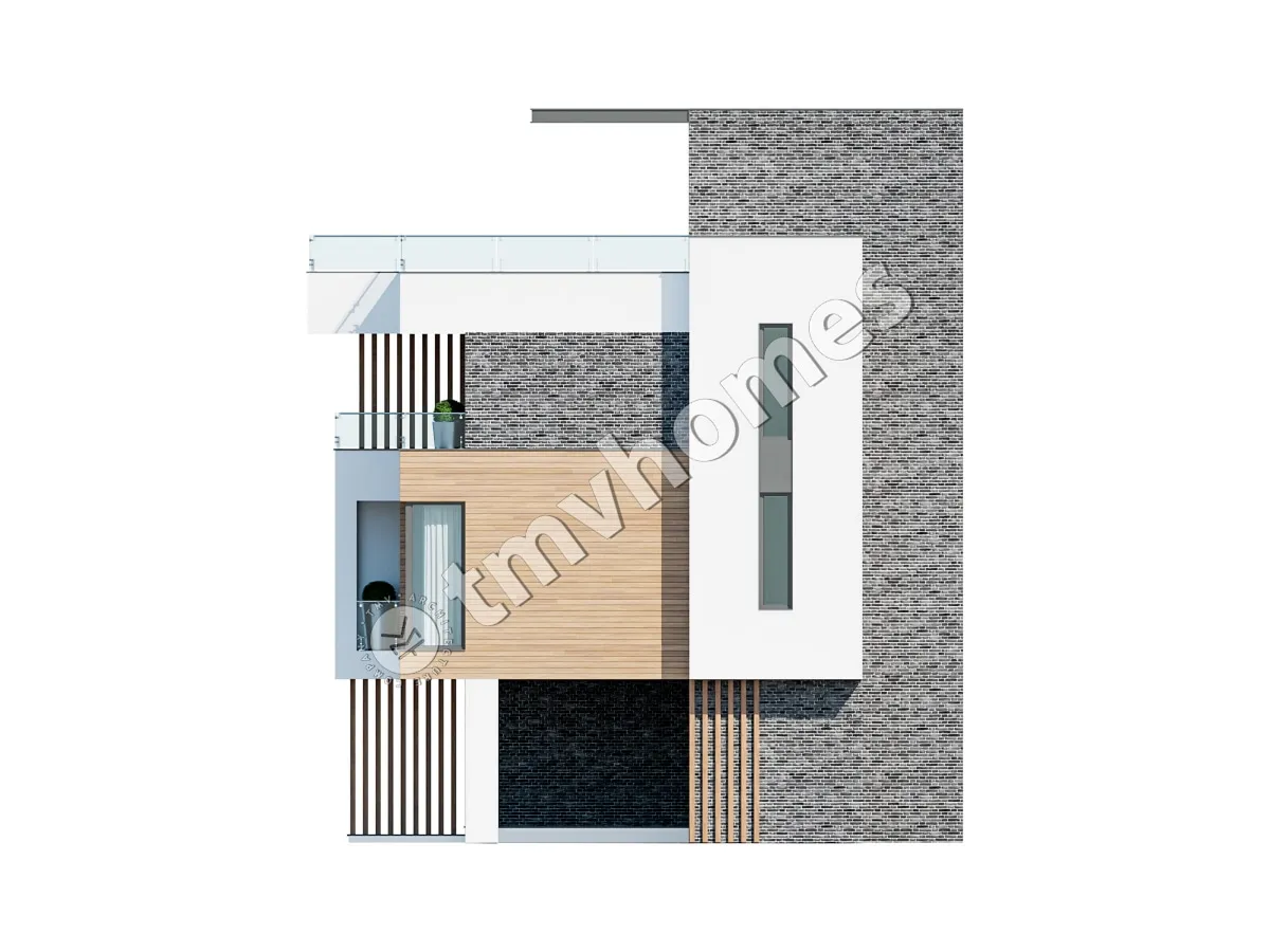 Proiect de casă duplex modernă cu 3 etaje, de 126 m² mp, cu ferestre mari și terasă pe acoperiș