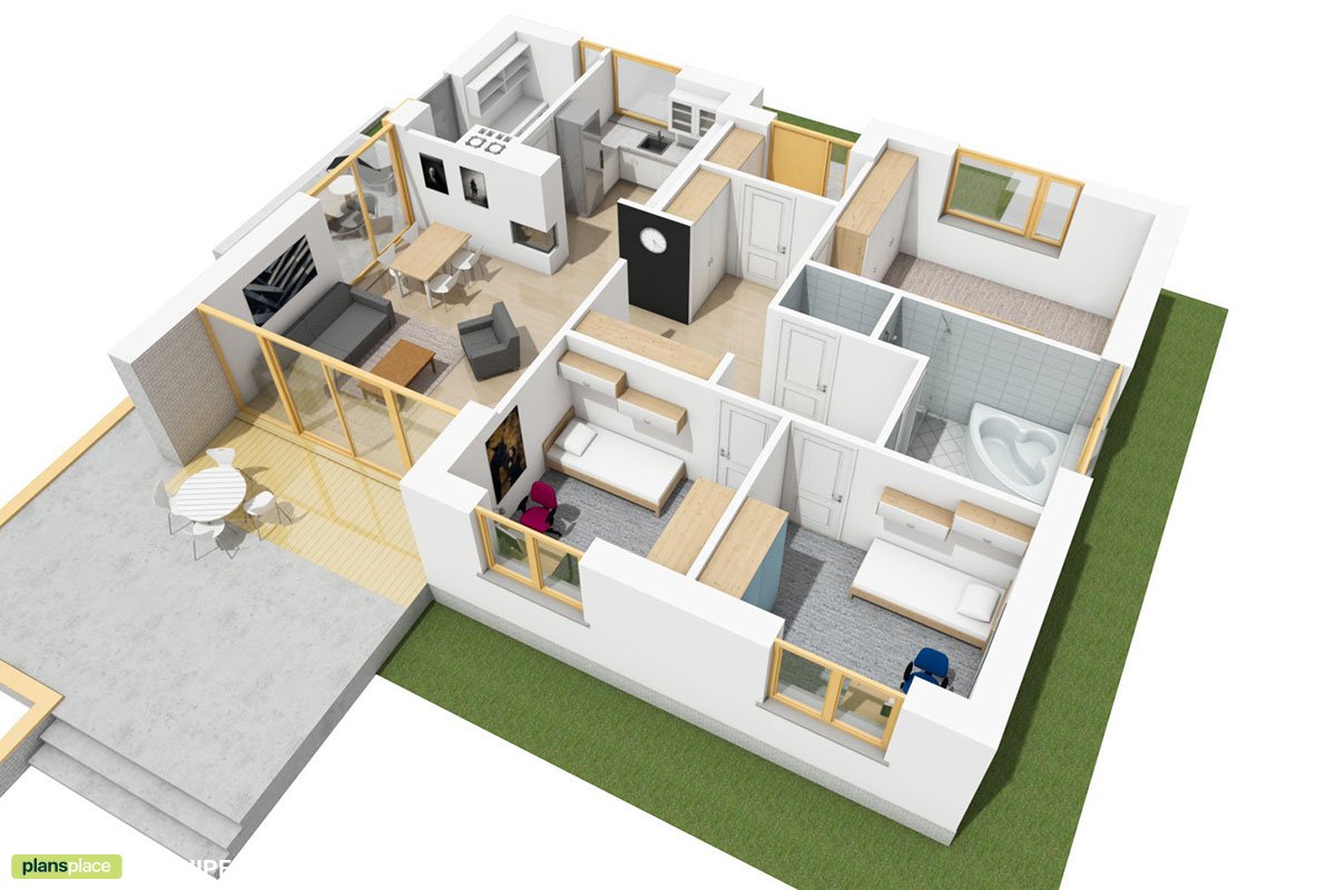 1-Story Gable Roof House Plan with 3 Beds and Deck