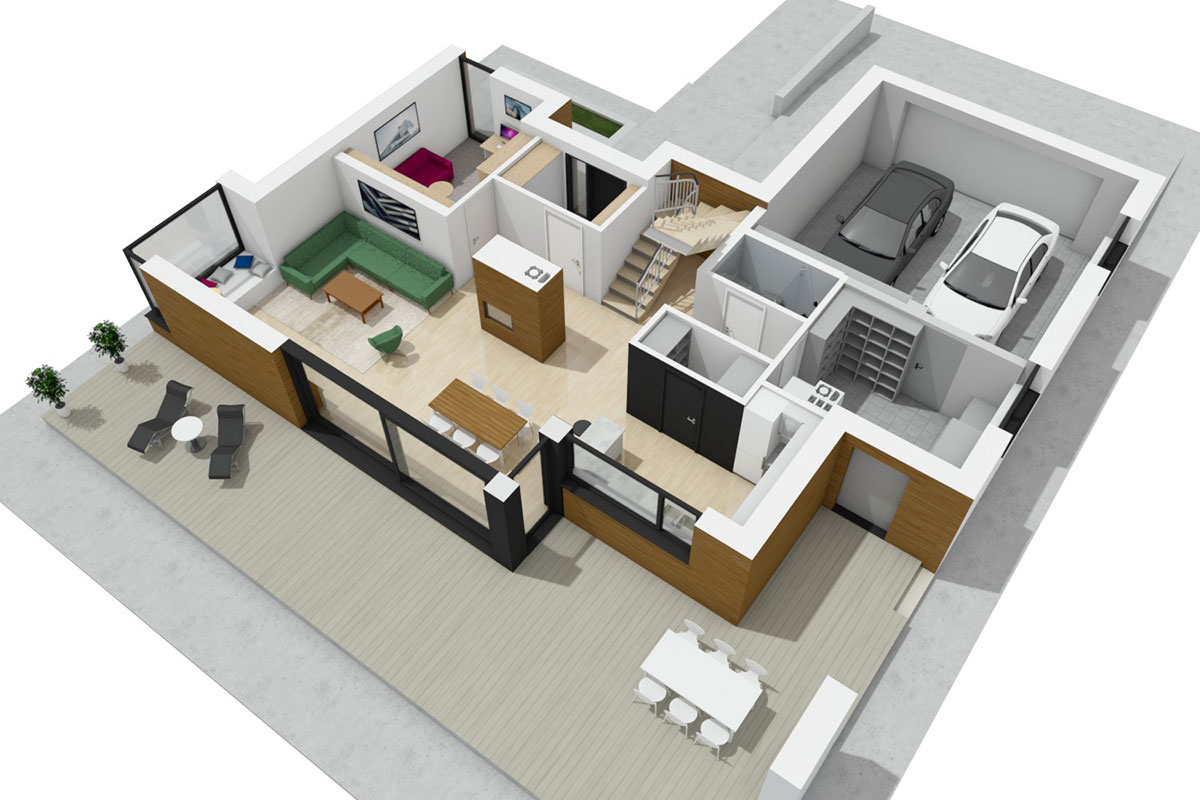 Single Floor Plan with Fireplace in Center of House and Garage