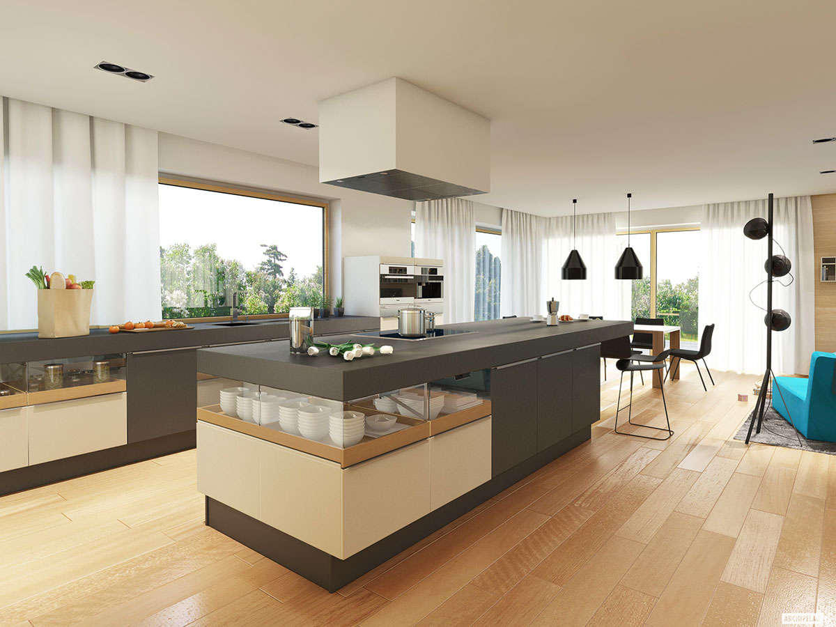 Proiect de casa parter cu mansardă 207 m²: 3 Dormitoare, Birou, 2 Bai, Bucatarie deschisa, Garaj