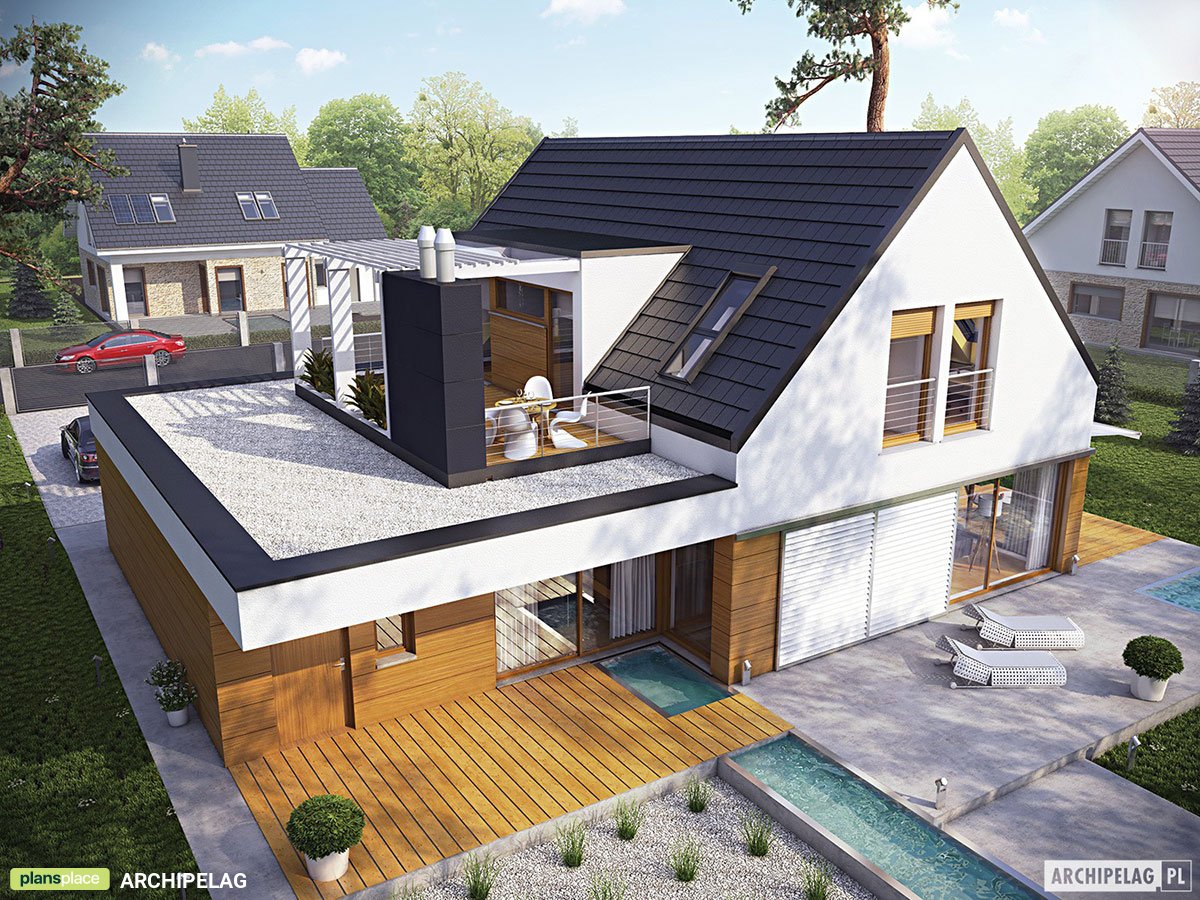 Proiect de casa parter cu mansardă 207 m²: 3 Dormitoare, Birou, 2 Bai, Bucatarie deschisa, Garaj