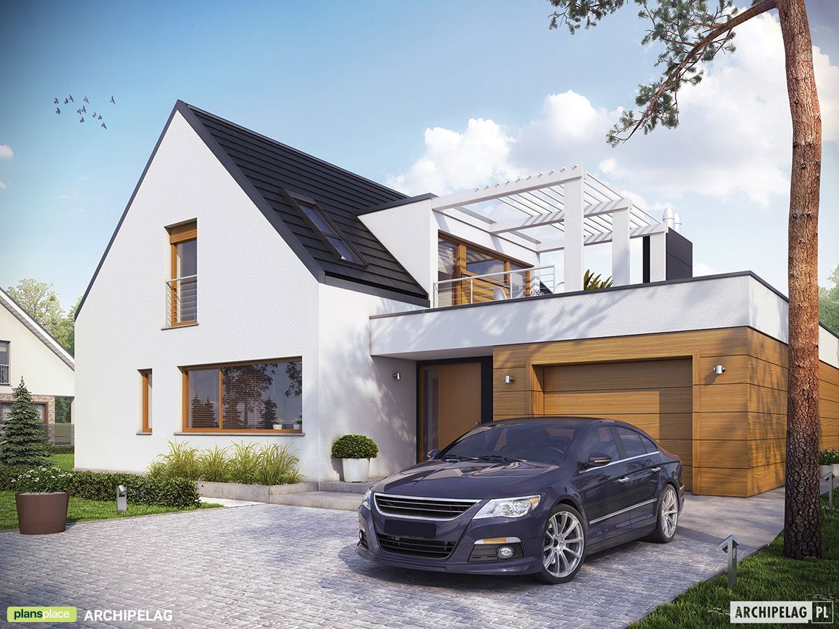 Proiect de casa parter cu mansardă 207 m²: 3 Dormitoare, Birou, 2 Bai, Bucatarie deschisa, Garaj