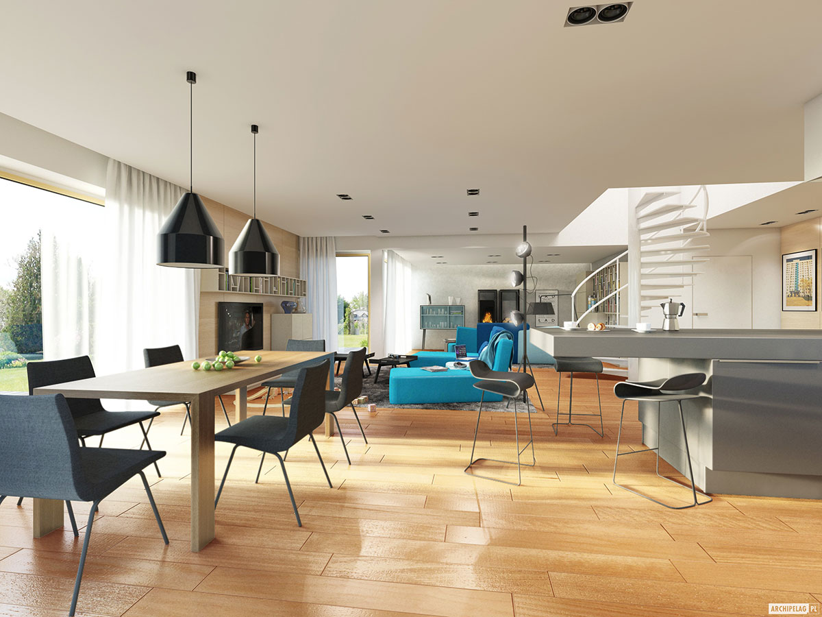 Proiect de casa parter cu mansardă 207 m²: 3 Dormitoare, Birou, 2 Bai, Bucatarie deschisa, Garaj