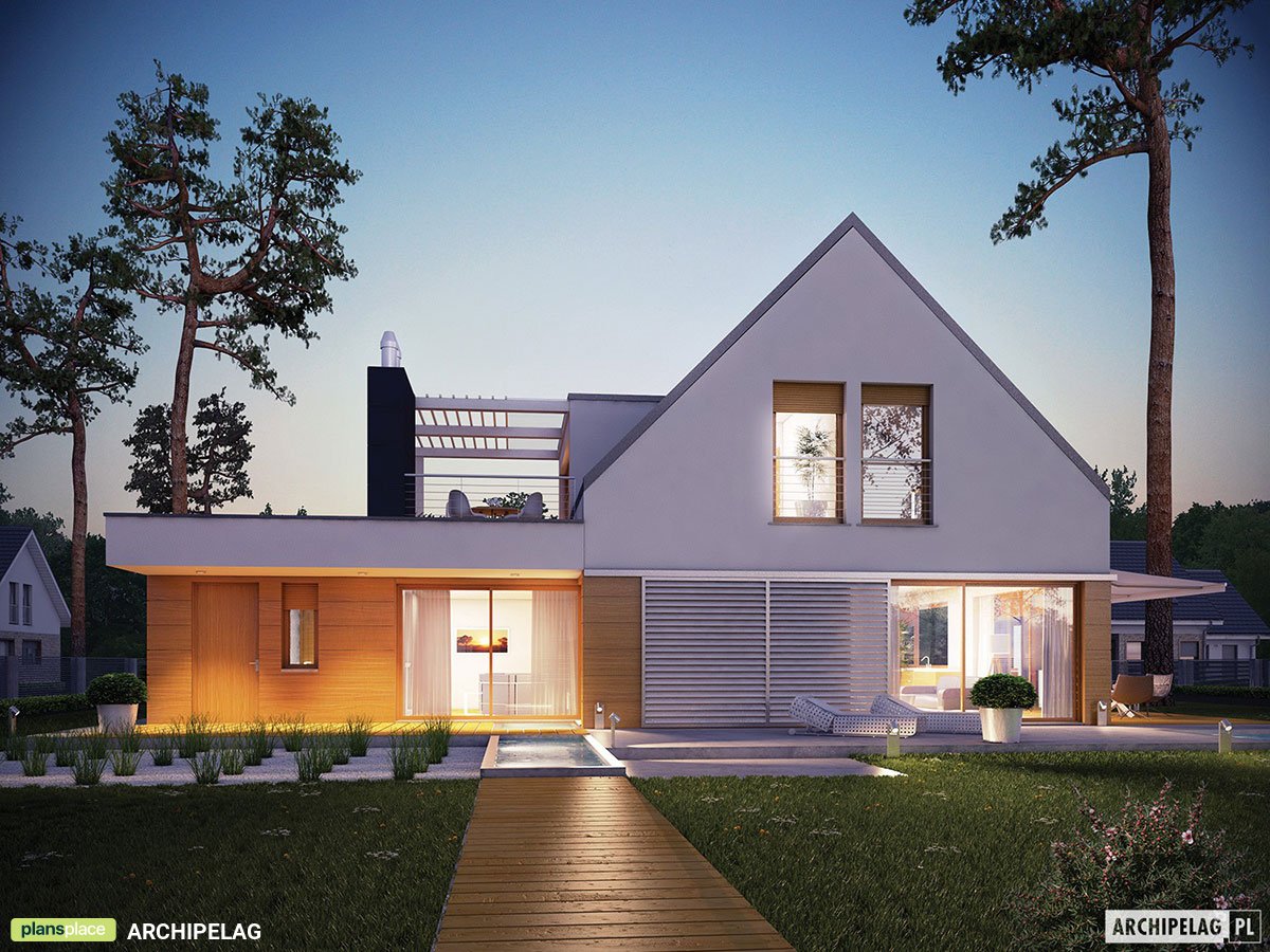 Polish Two Story House Plan with Rooftop Deck above Garage