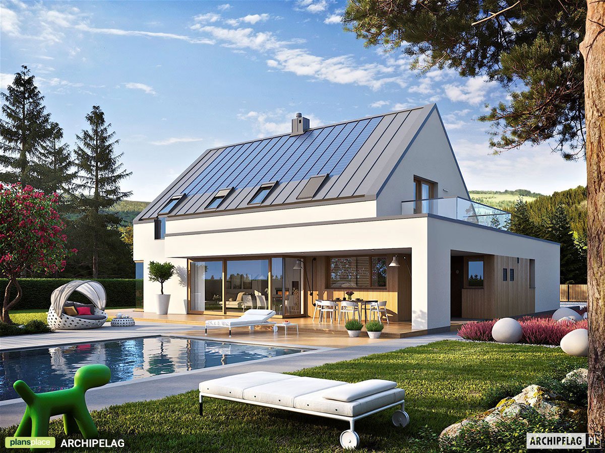 Proiect de casa parter cu mansardă 203 m²: 3 Dormitoare, Birou, 3 Bai, Bucatarie deschisa, Garaj