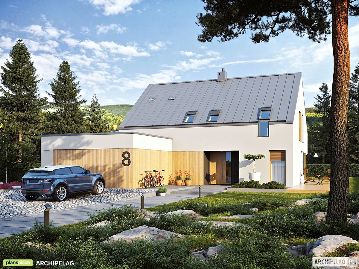 Proiect de casa parter cu mansardă 203 m²: 3 Dormitoare, Birou, 3 Bai, Bucatarie deschisa, Garaj