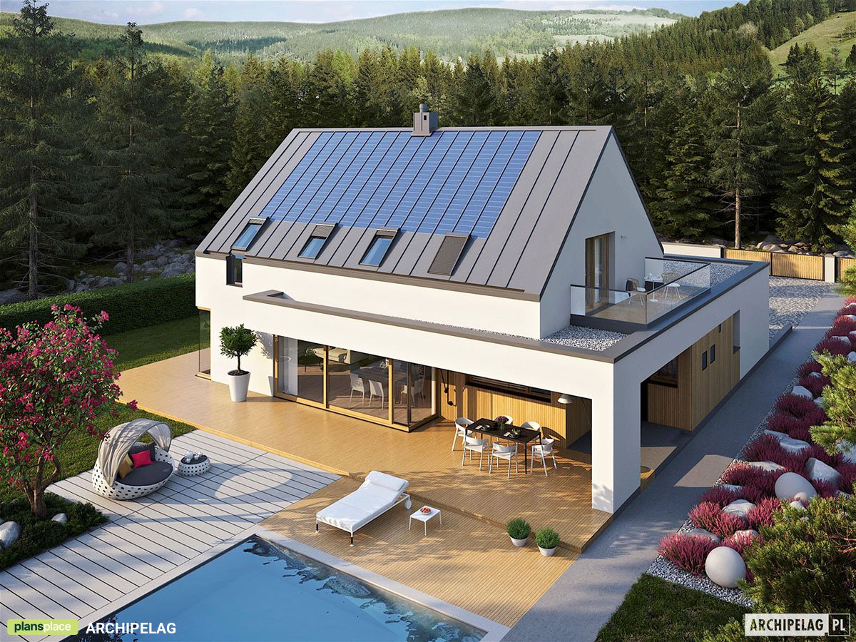 Proiect de casa parter cu mansardă 203 m²: 3 Dormitoare, Birou, 3 Bai, Bucatarie deschisa, Garaj
